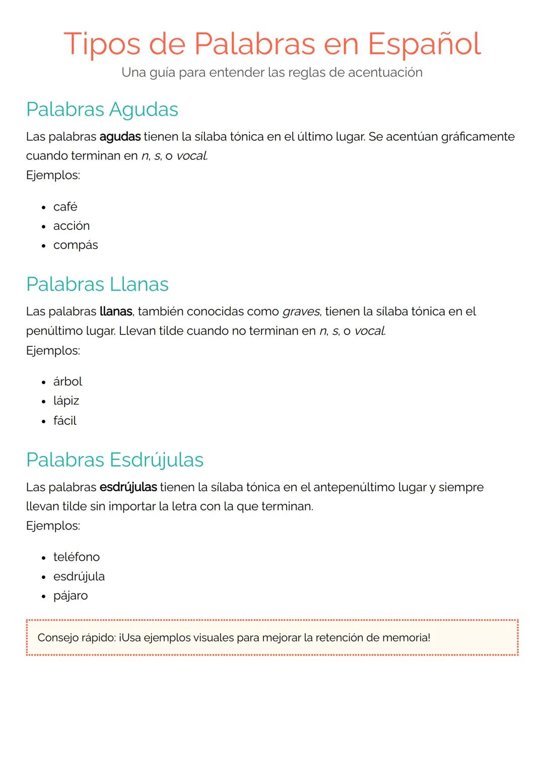 Tipos de Palabras en Español
Una guía para entender las reglas de acentuación
Palabras Agudas
Las palabras agudas tienen la sílaba tónica en