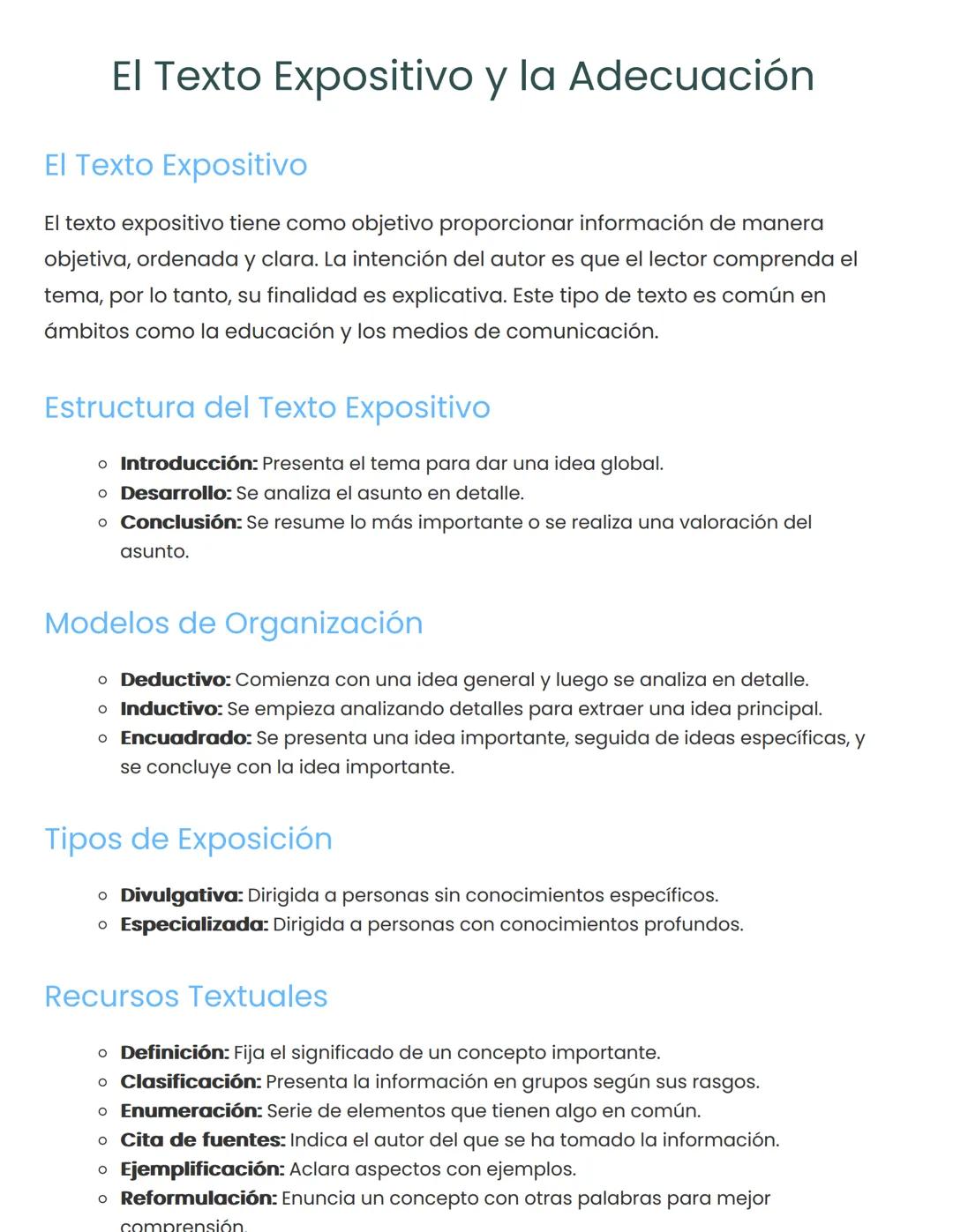 El Texto Expositivo y la Adecuación
El Texto Expositivo
El texto expositivo tiene como objetivo proporcionar información de manera
objetiva,