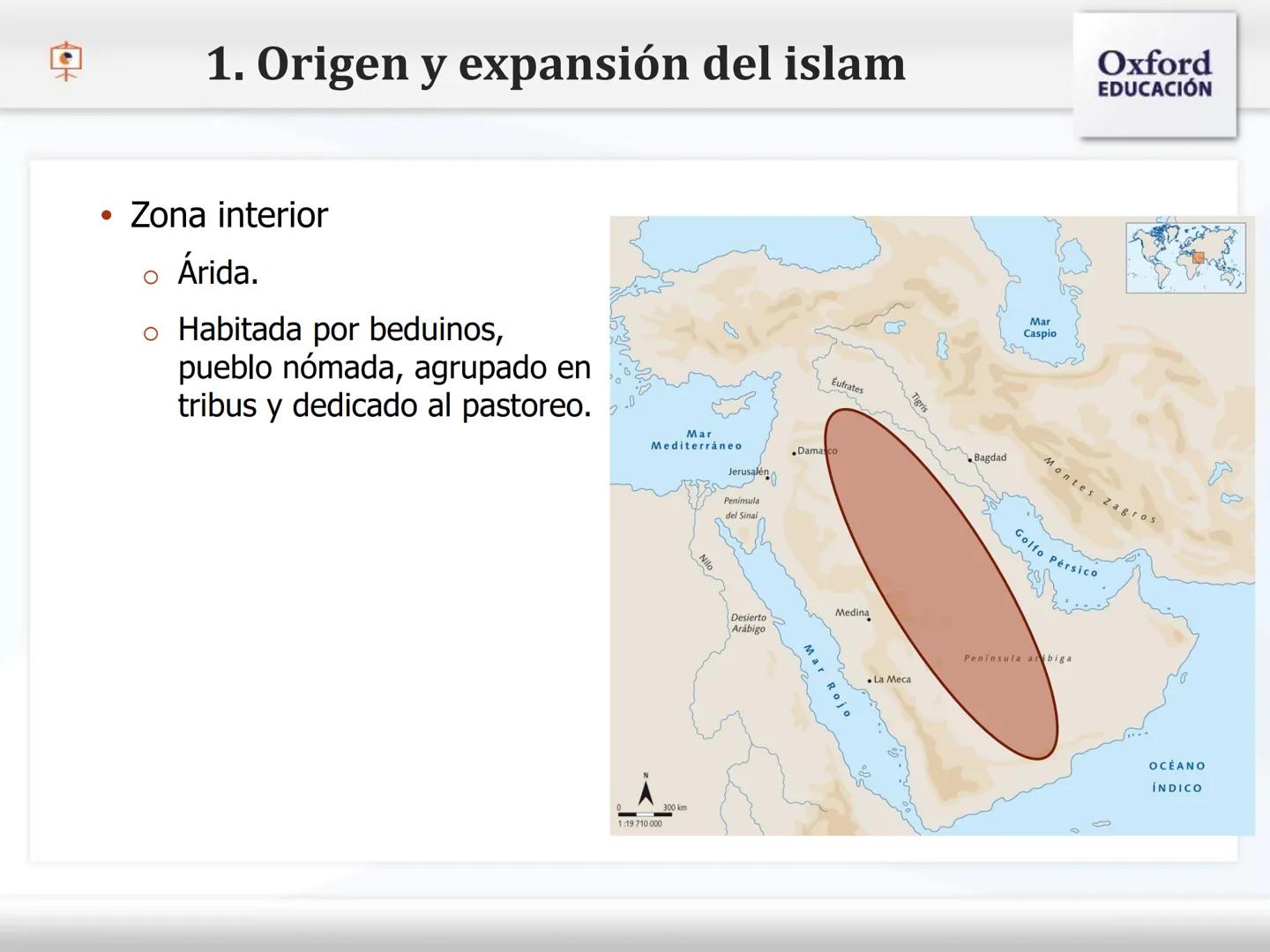 El Islam y
Al-Andalus 1. Origen y expansión del islam
1.1. El medio natural
- El islam surgió en una región
desértica,
Arábiga.
la Península