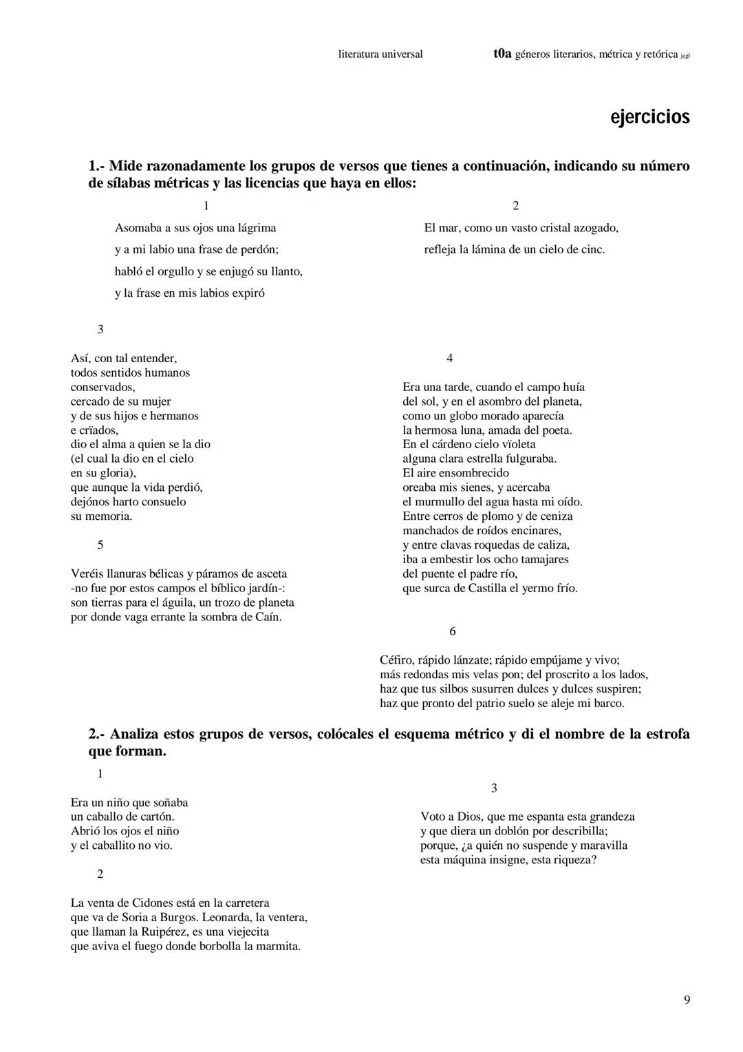 literatura universal
toa géneros literarios, métrica y retórica jegl
1.- géneros y subgéneros literarios
2.- nociones de métrica
3.- estrofa