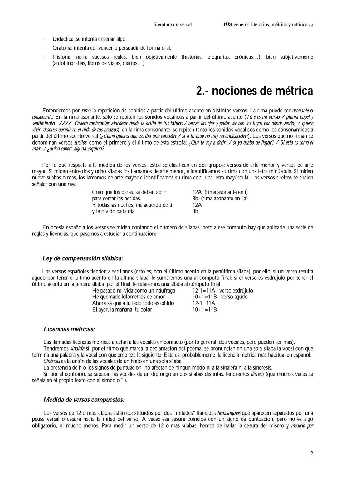 literatura universal
toa géneros literarios, métrica y retórica jegl
1.- géneros y subgéneros literarios
2.- nociones de métrica
3.- estrofa