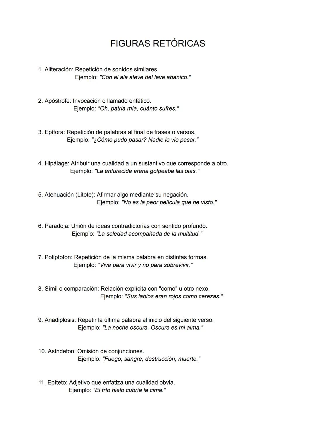 # FIGURAS RETÓRICAS
1. Aliteración: Repetición de sonidos similares.
Ejemplo: "Con el ala aleve del leve abanico."
2. Apóstrofe: Invocació