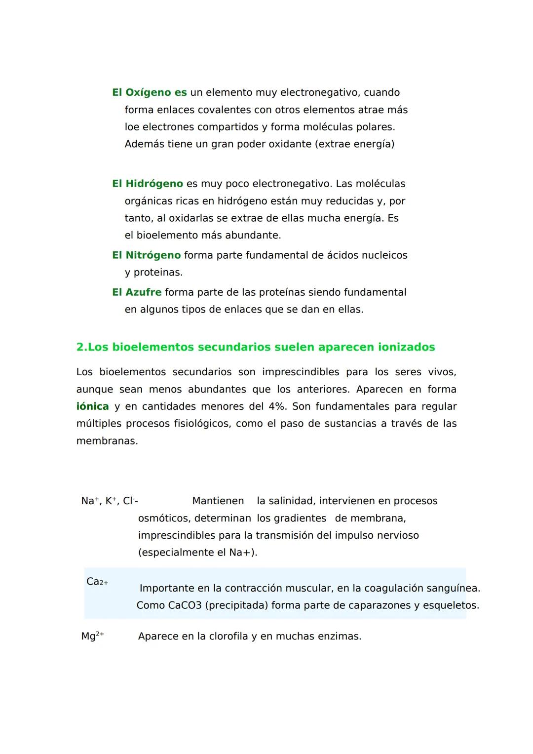 # 1
Bioelementos y biomoléculas
inorgánicas
1. LAS UNIDADES DE MATERIA VIVA
Los bioelementos primarios forman más
del 95% de la masa viva
