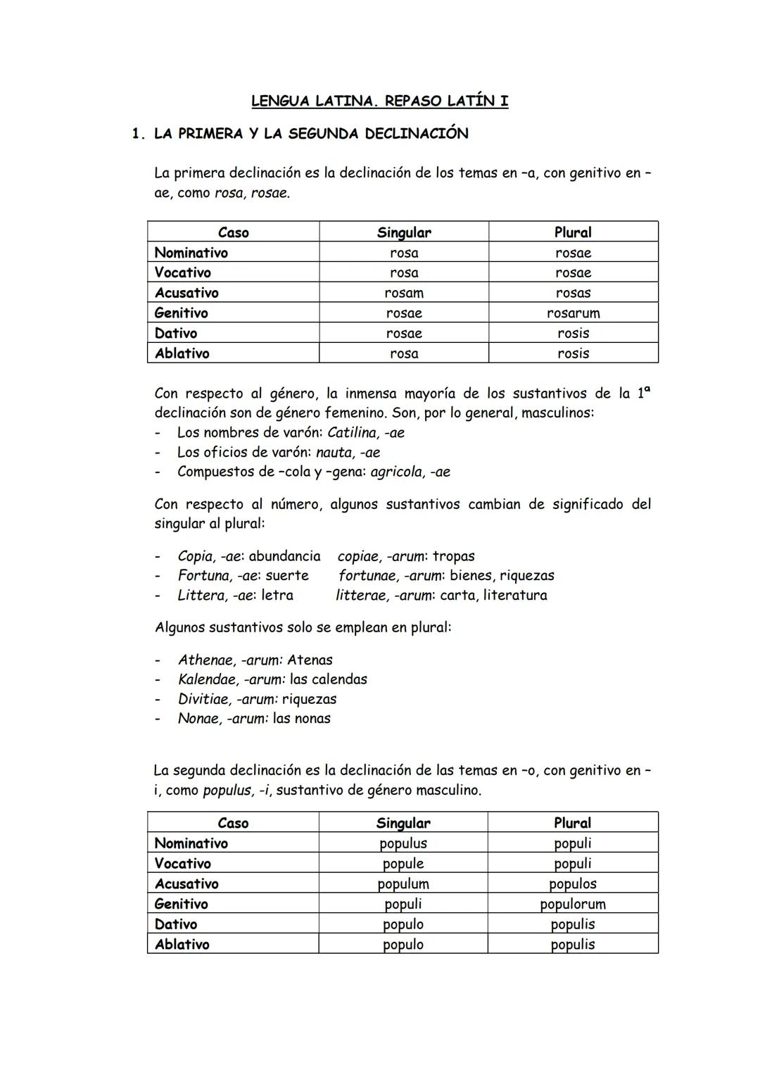 # LENGUA LATINA. REPASO LATÍN I
1. LA PRIMERA Y LA SEGUNDA DECLINACIÓN
La primera declinación es la declinación de los temas en -a, con g