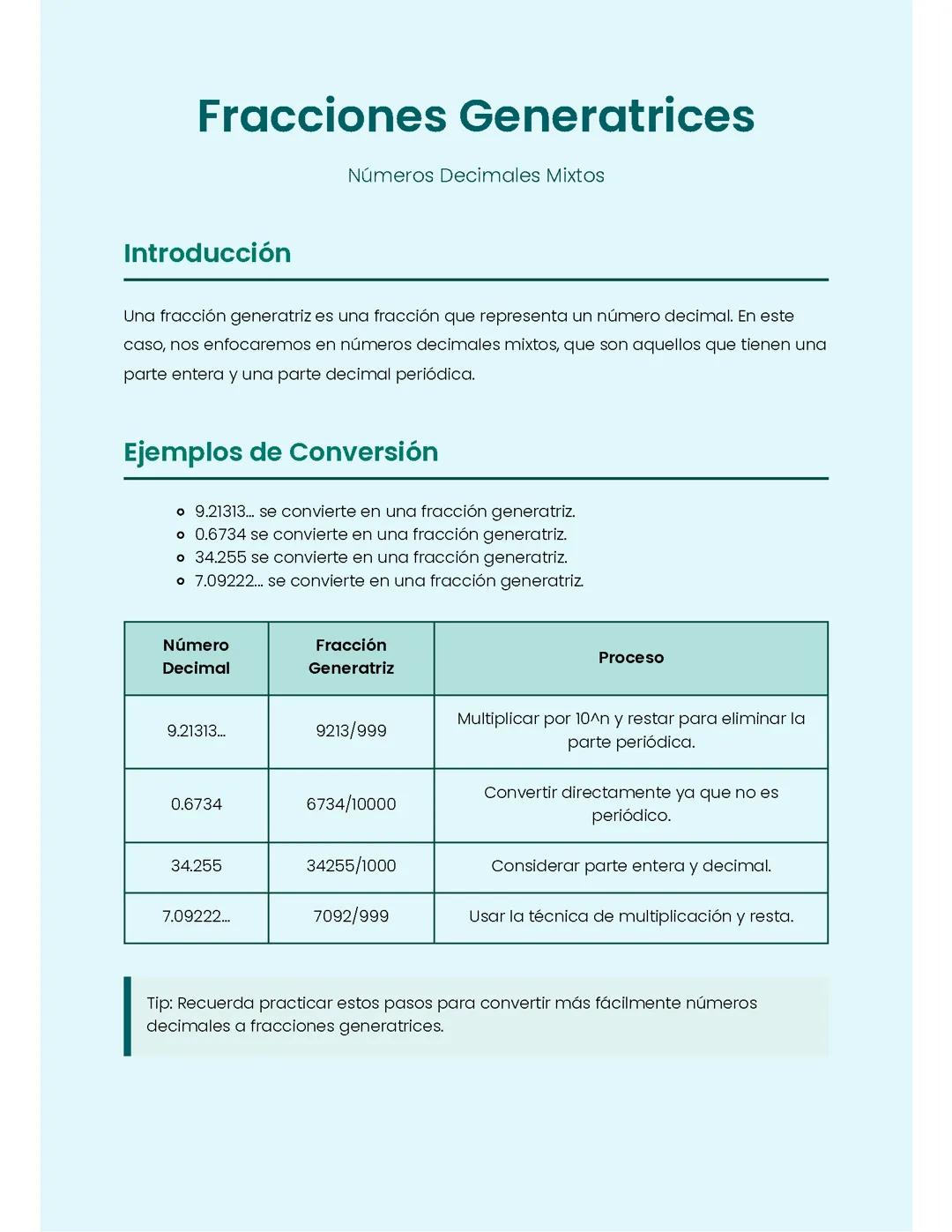 Fracciones Generatrices de Números Decimales Mixtos