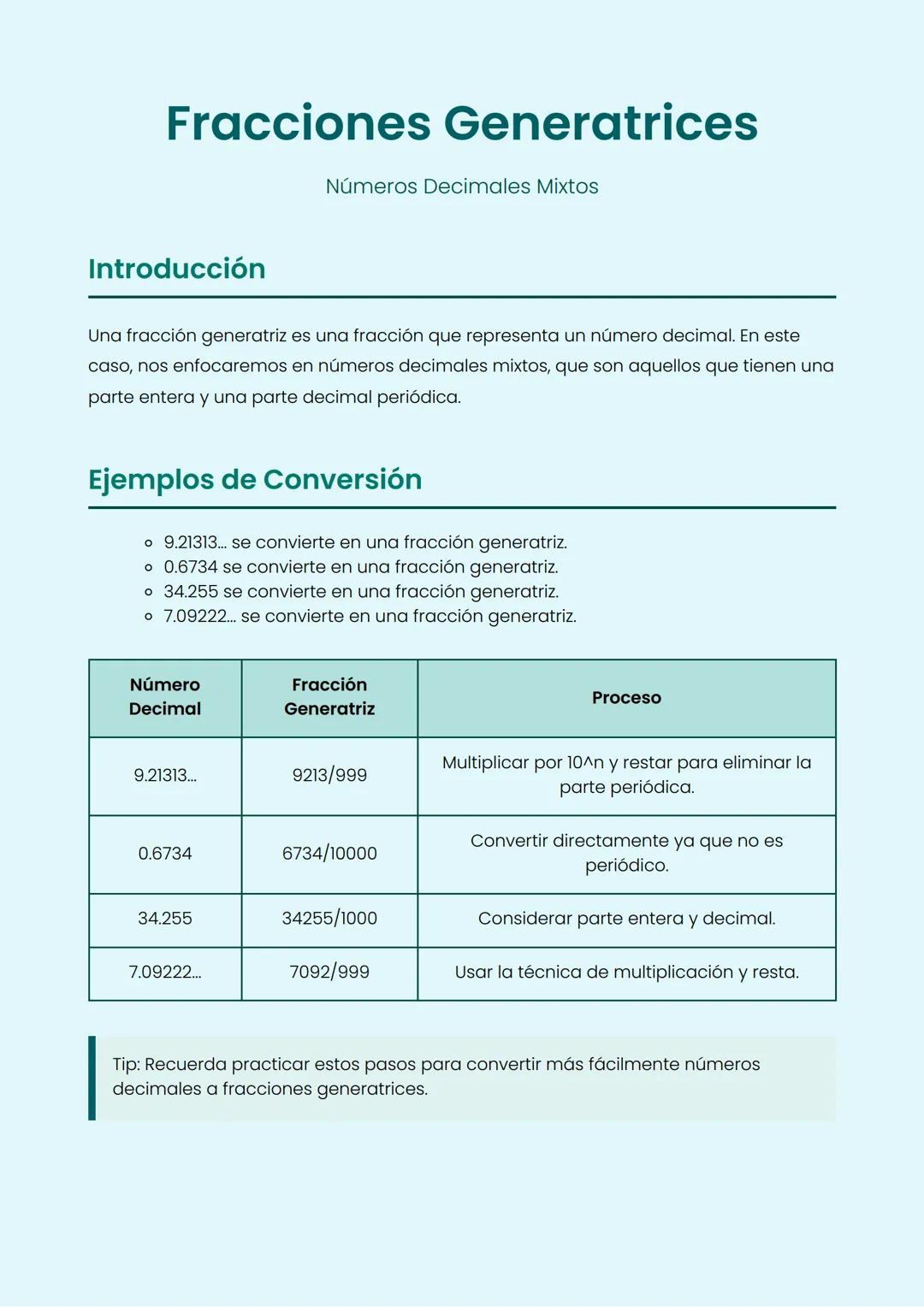 Fracciones Generatrices
Números Decimales Mixtos
Introducción
Una fracción generatriz es una fracción que representa un número decimal. En e