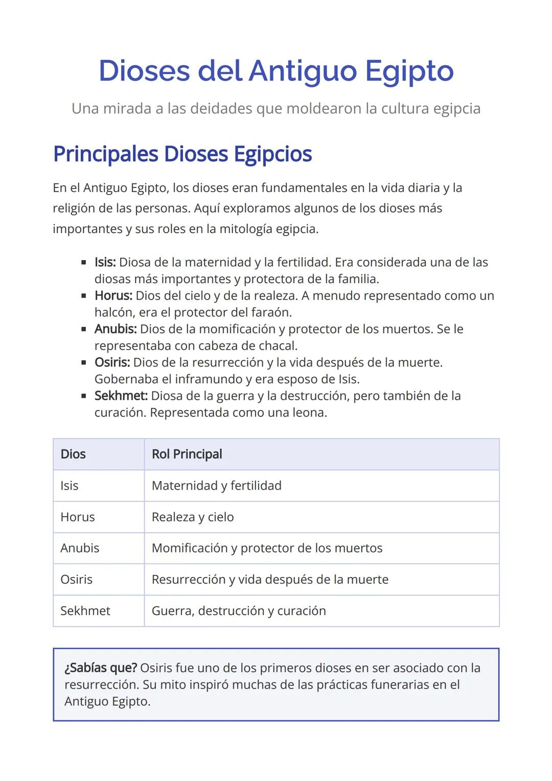 # Dioses del Antiguo Egipto
Una mirada a las deidades que moldearon la cultura egipcia
## Principales Dioses Egipcios
En el Antiguo Egipt
