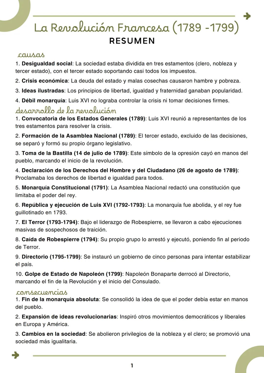 # La Revolución Francesa (1789-1799)
RESUMEN
causas
1. Desigualdad social: La sociedad estaba dividida en tres estamentos (clero, noblez