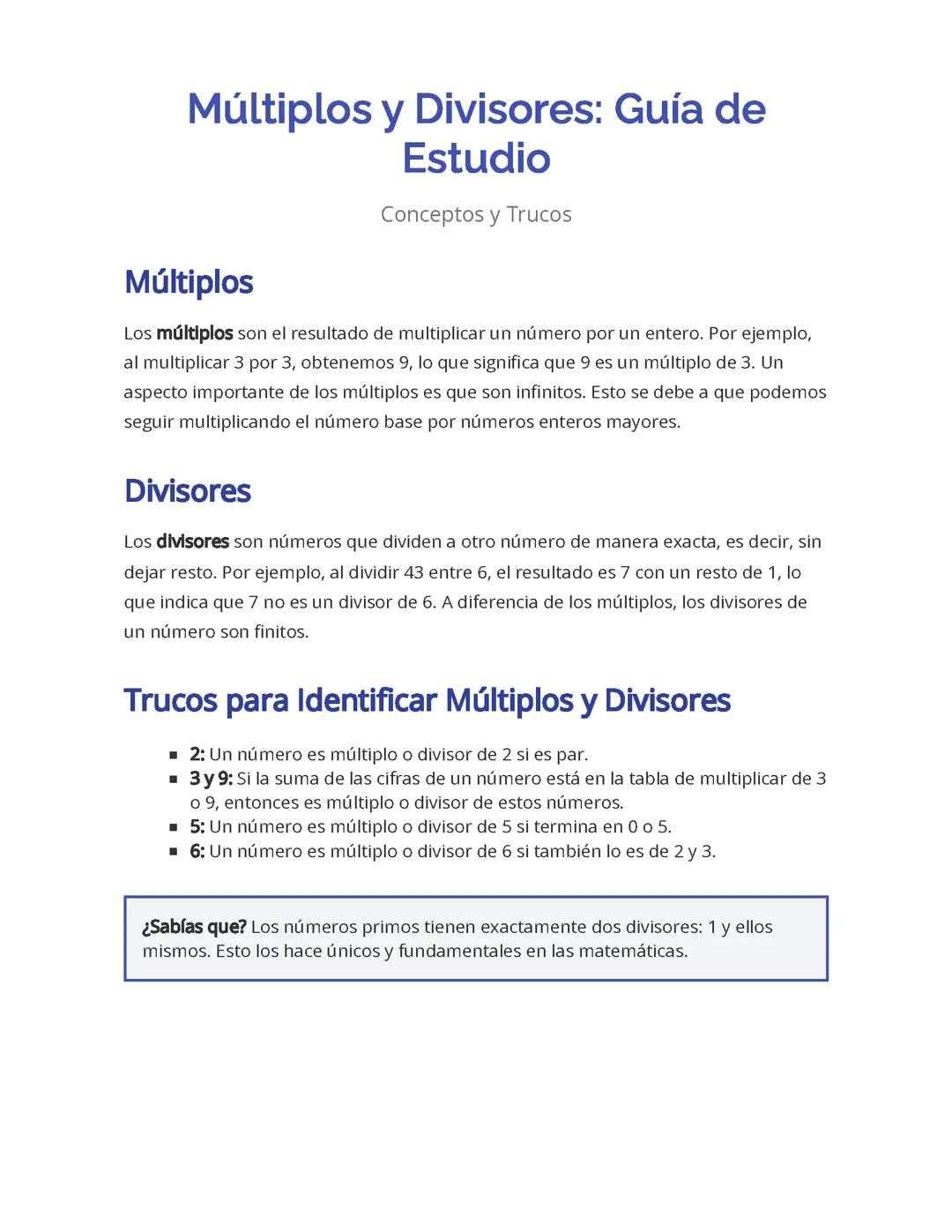 Múltiplos y Divisores: Guía de Estudio