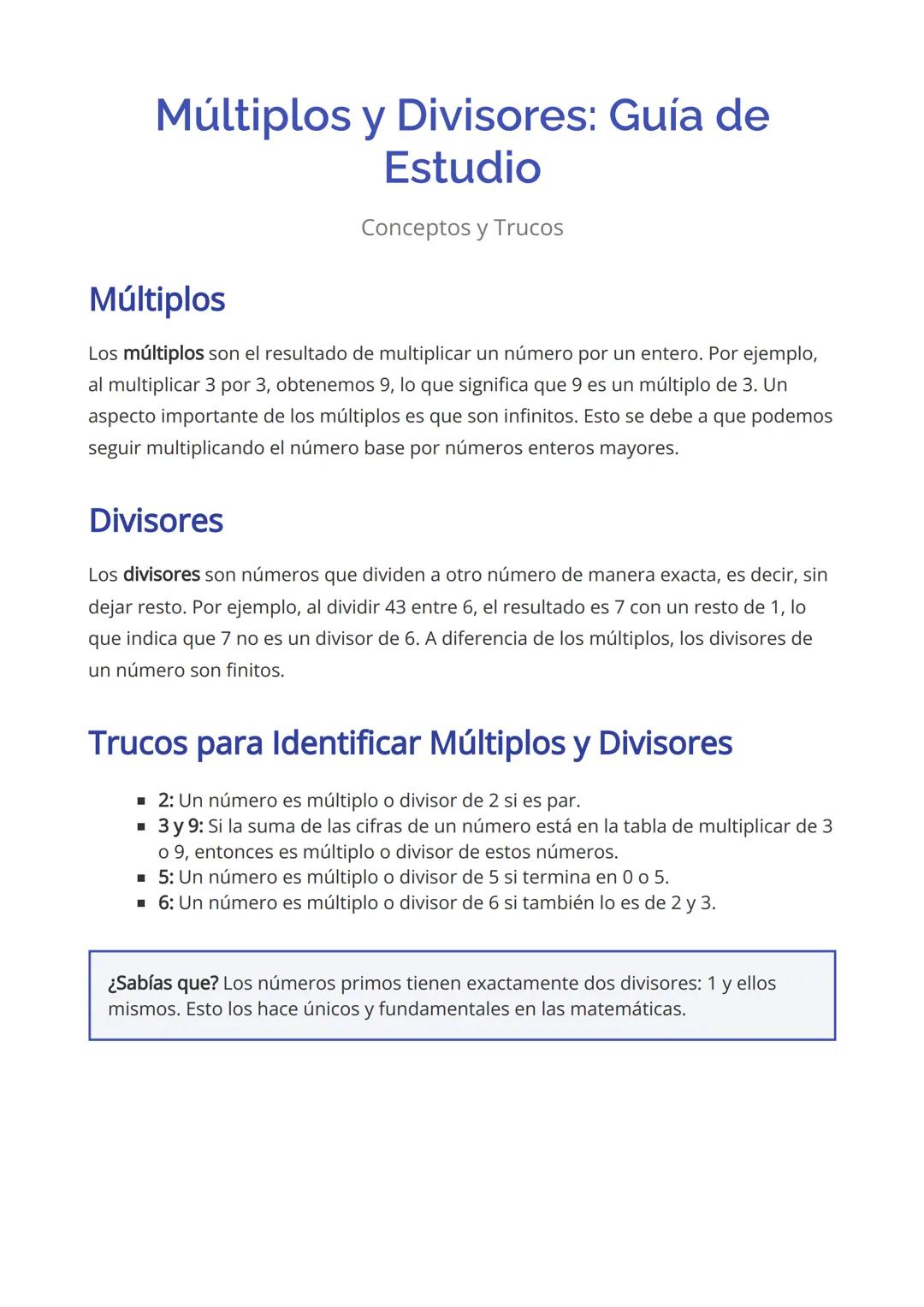 Múltiplos y Divisores: Guía de
Estudio
Conceptos y Trucos
Múltiplos
Los múltiplos son el resultado de multiplicar un número por un entero. P