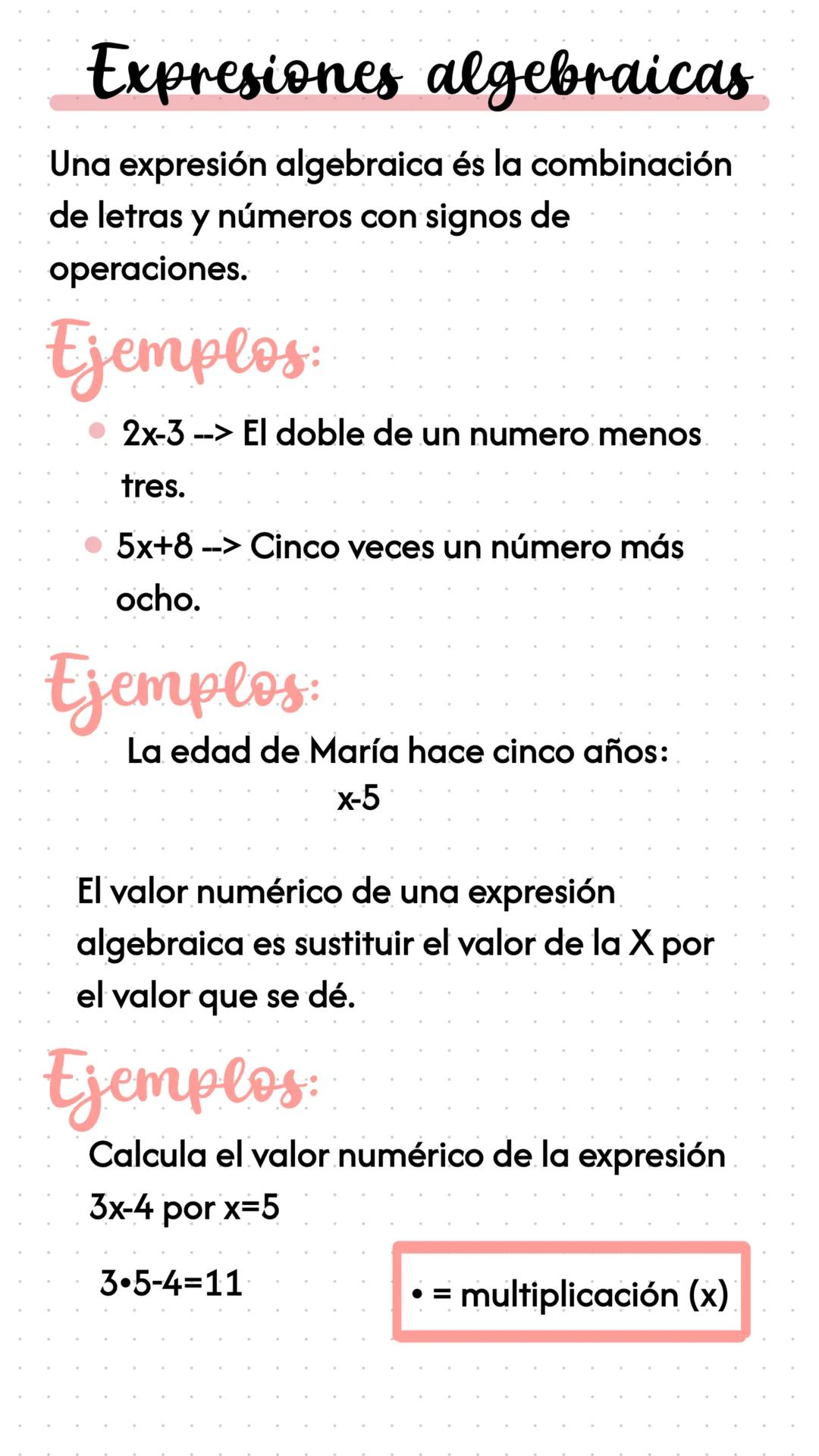 Expresiones algebraicas
Una expresión algebraica és la combinación
de letras y números con signos de
operaciones.
Ejemplos:
2x-3 --> El dobl