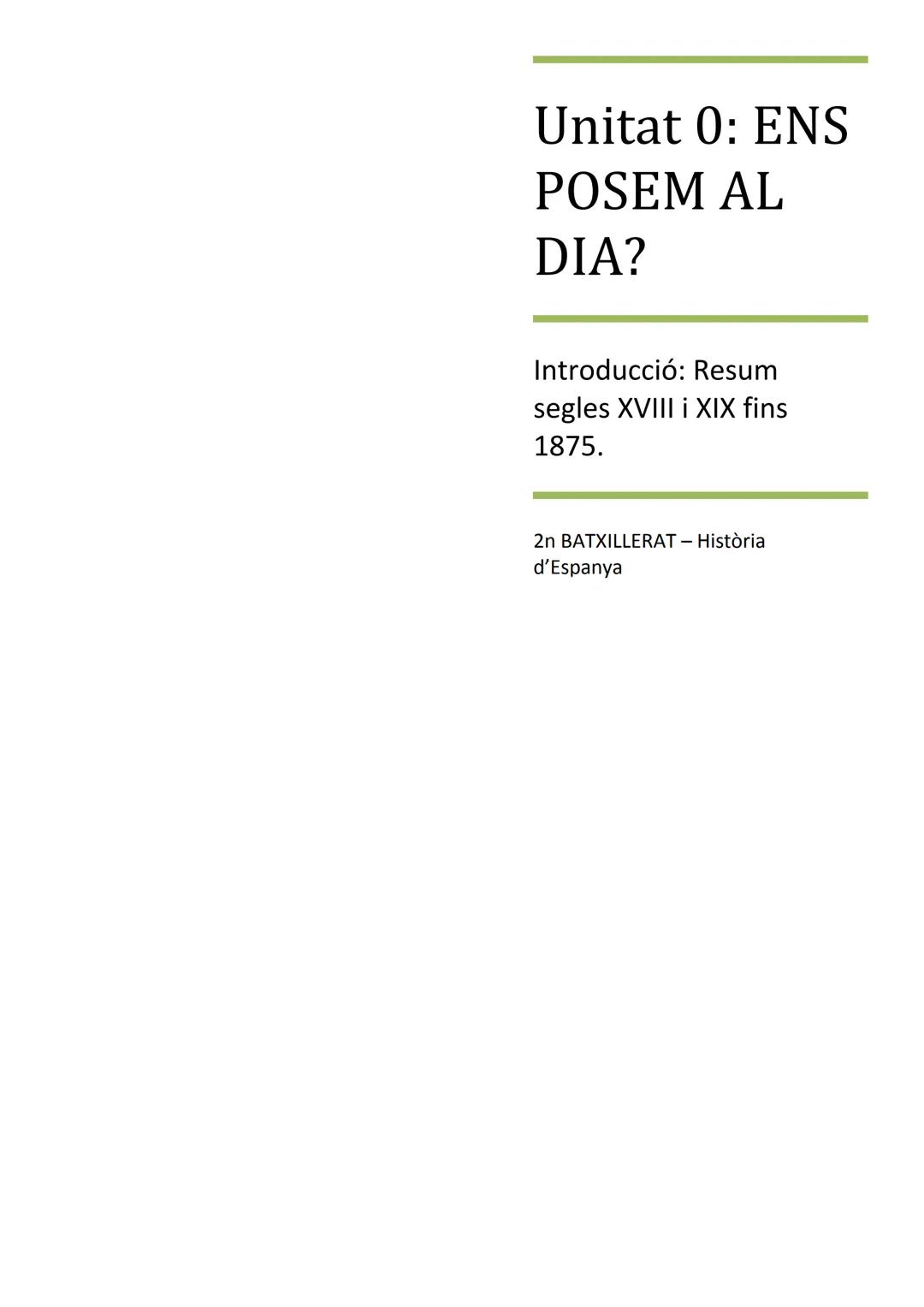 Unitat 0: ENS
POSEM AL
DIA?
Introducció: Resum
segles XVIII i XIX fins
1875.
2n BATXILLERAT - Història
d'Espanya Hª d'Espanya
UO: Introduc