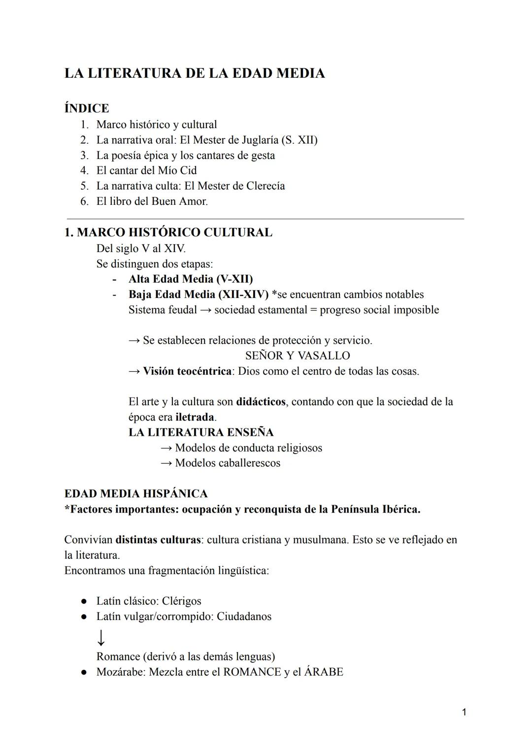 Pestanya 1 # LA LITERATURA DE LA EDAD MEDIA
ÍNDICE
1. Marco histórico y cultural
2. La narrativa oral: El Mester de Juglaría (S. XII)
3. L