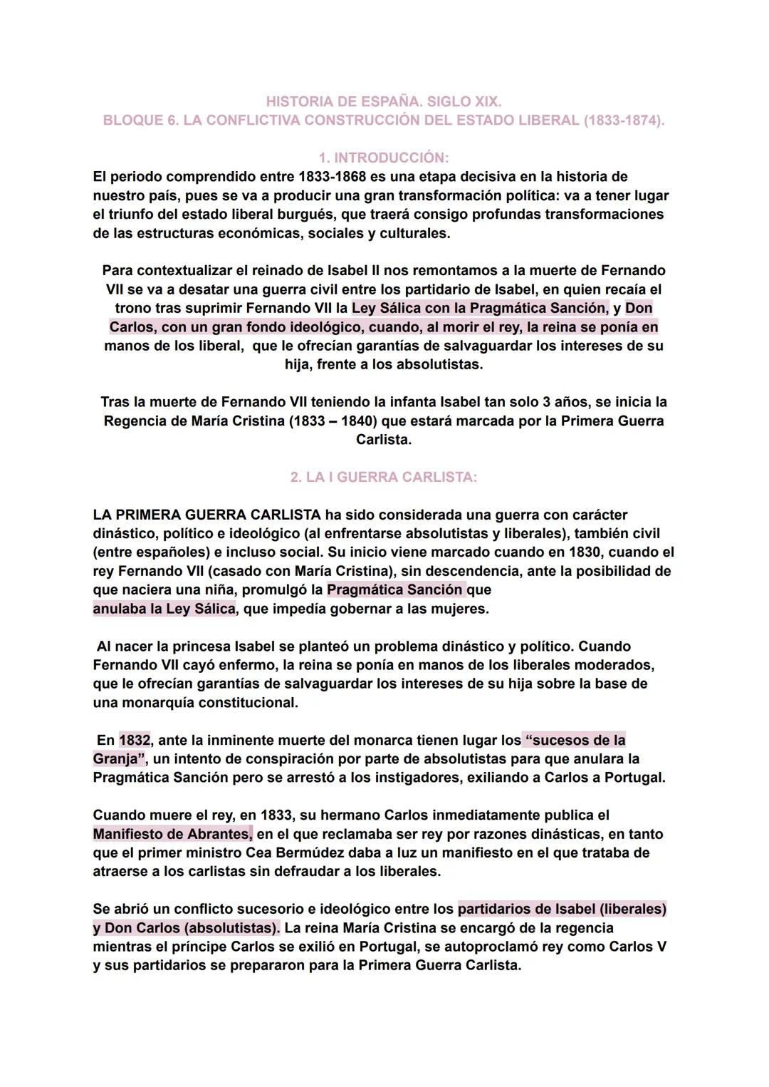 HISTORIA DE ESPAÑA. SIGLO XIX.
BLOQUE 6. LA CONFLICTIVA CONSTRUCCIÓN DEL ESTADO LIBERAL (1833-1874).
1. INTRODUCCIÓN:
El periodo comprend