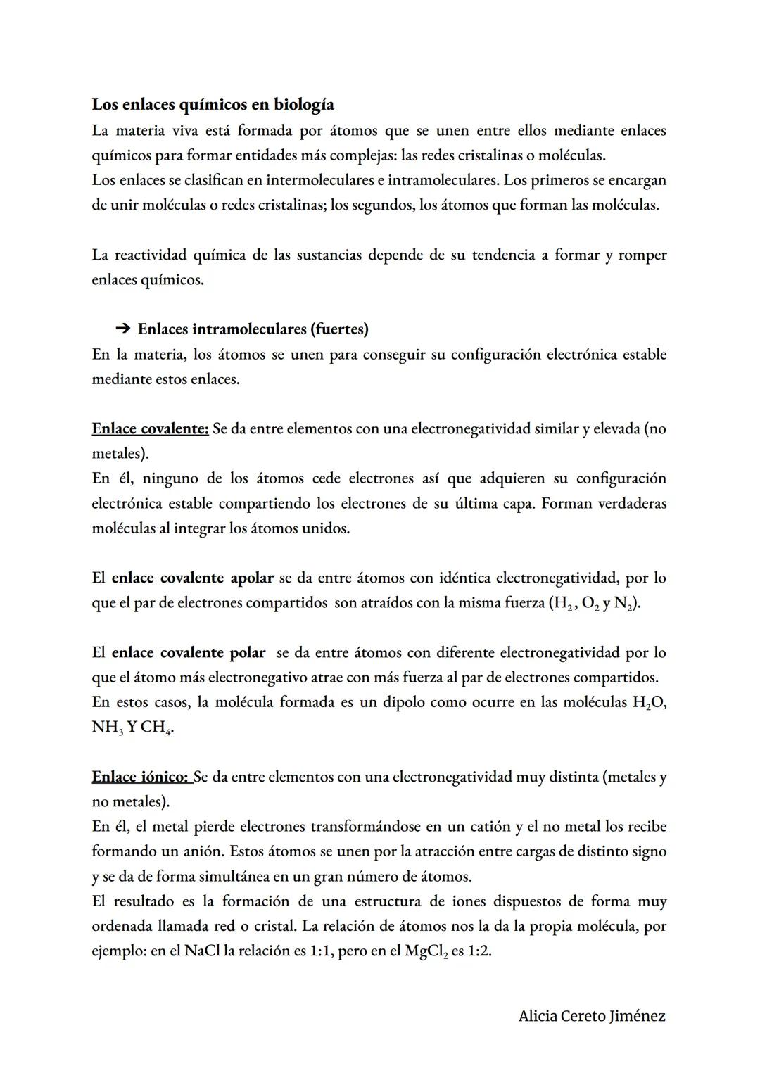 la base molecular de la vida
TEMA 1
Alicia Cereto Jiménez Los enlaces químicos en biología
La materia viva está formada por átomos que se un