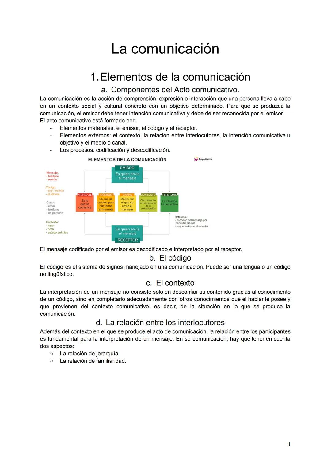 # La comunicación
1. Elementos de la comunicación
a. Componentes del Acto comunicativo.
La comunicación es la acción de comprensión, expr