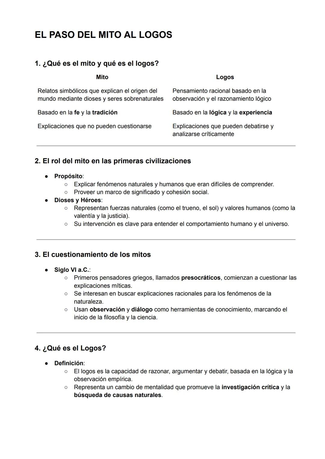 # EL PASO DEL MITO AL LOGOS
1. ¿Qué es el mito y qué es el logos?
Mito
Relatos simbólicos que explican el origen del
mundo mediante diose