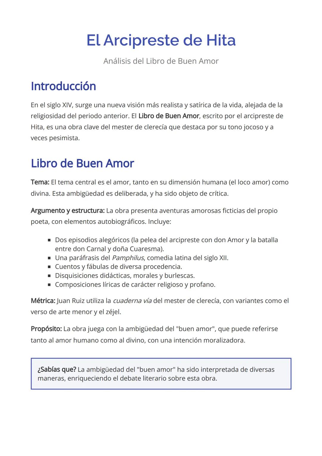 # El Arcipreste de Hita
Análisis del Libro de Buen Amor
## Introducción
En el siglo XIV, surge una nueva visión más realista y satírica de