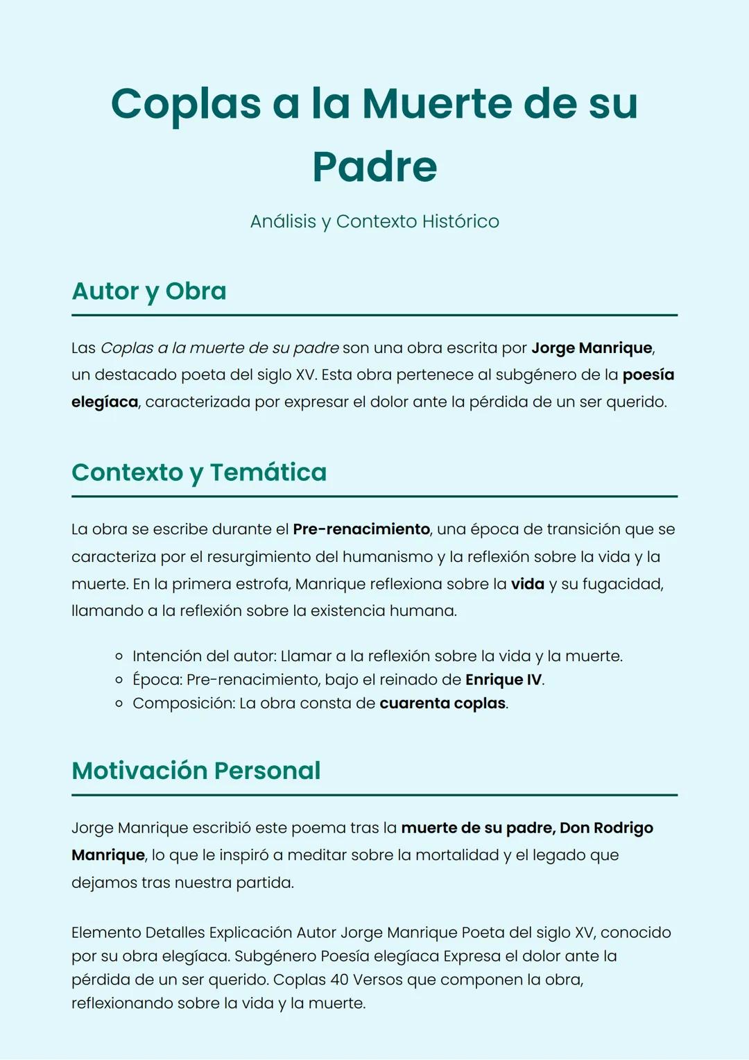 # Coplas a la Muerte de su
## Padre
Análisis y Contexto Histórico
## Autor y Obra
Las Coplas a la muerte de su padre son una obra escrita