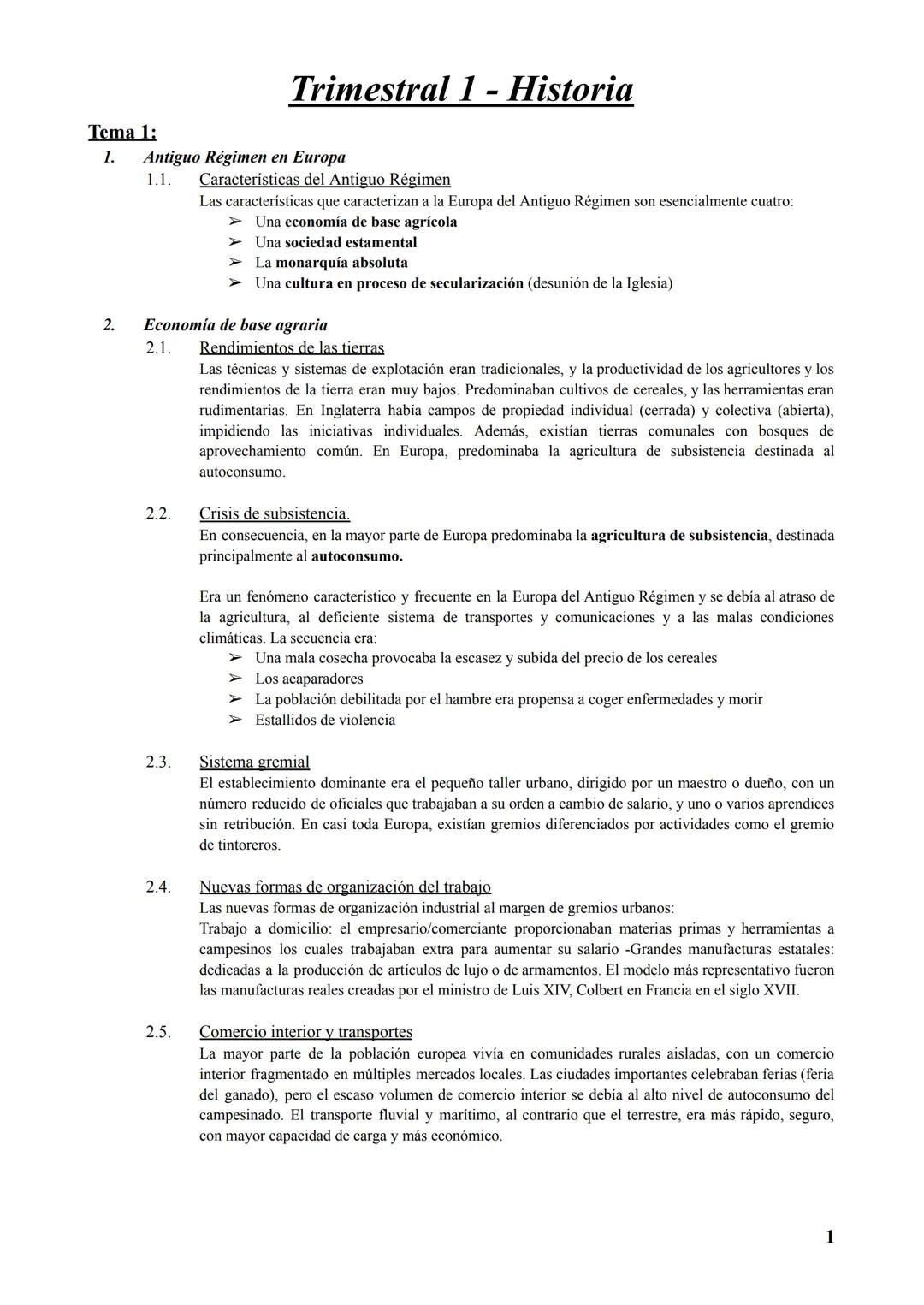 # Trimestral 1 - Historia
Tema 1:
1. Antiguo Régimen en Europa
1.1. Características del Antiguo Régimen
Las características que caracter
