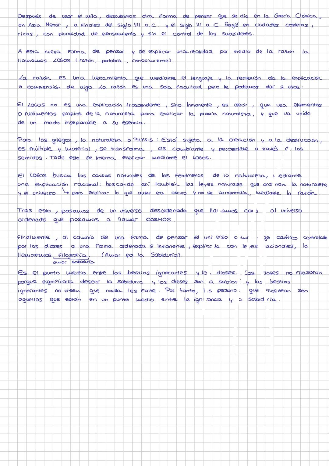 1. Explica el paso del MITO al LOGOS (3'5 pts).
El sec humano
existencia
es el único
animal capaz de hacerse grandes preguntas, Cuestionando