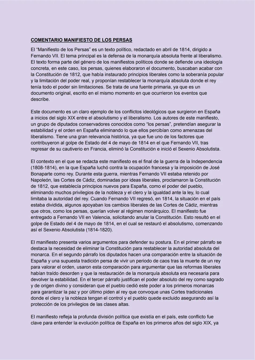 # COMENTARIO MANIFIESTO DE LOS PERSAS
El "Manifiesto de los Persas" es un texto político, redactado en abril de 1814, dirigido a
Fernando V