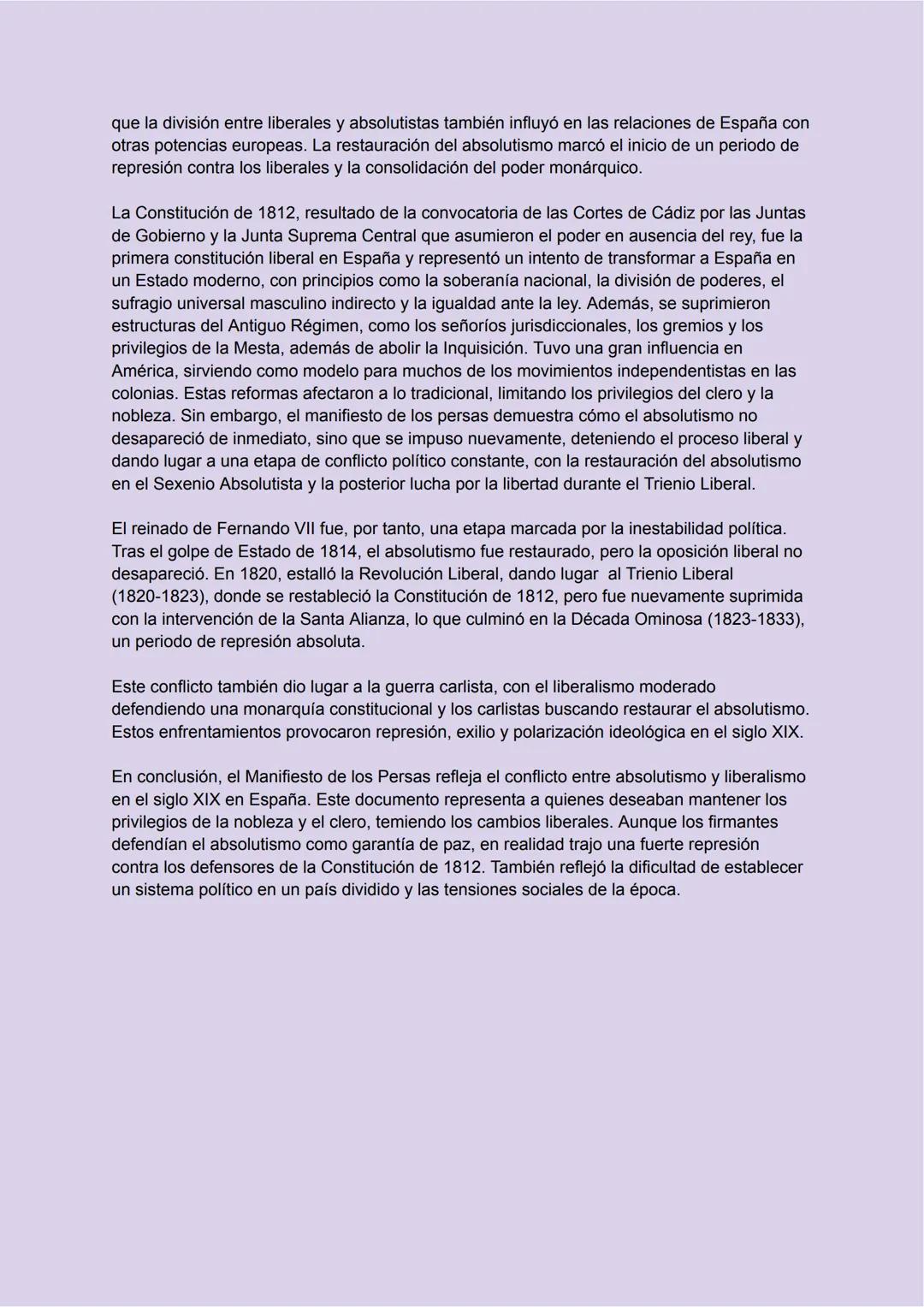 # COMENTARIO MANIFIESTO DE LOS PERSAS
El "Manifiesto de los Persas" es un texto político, redactado en abril de 1814, dirigido a
Fernando V