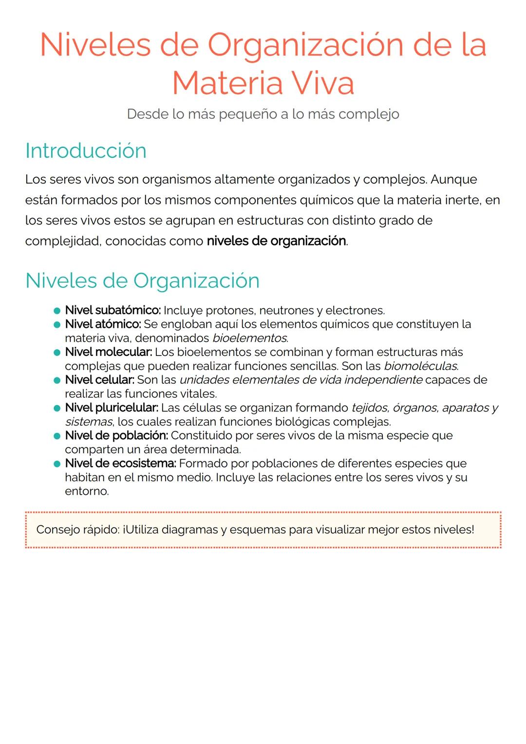 # Niveles de Organización de la
Materia Viva
Desde lo más pequeño a lo más complejo
Introducción
Los seres vivos son organismos altamente