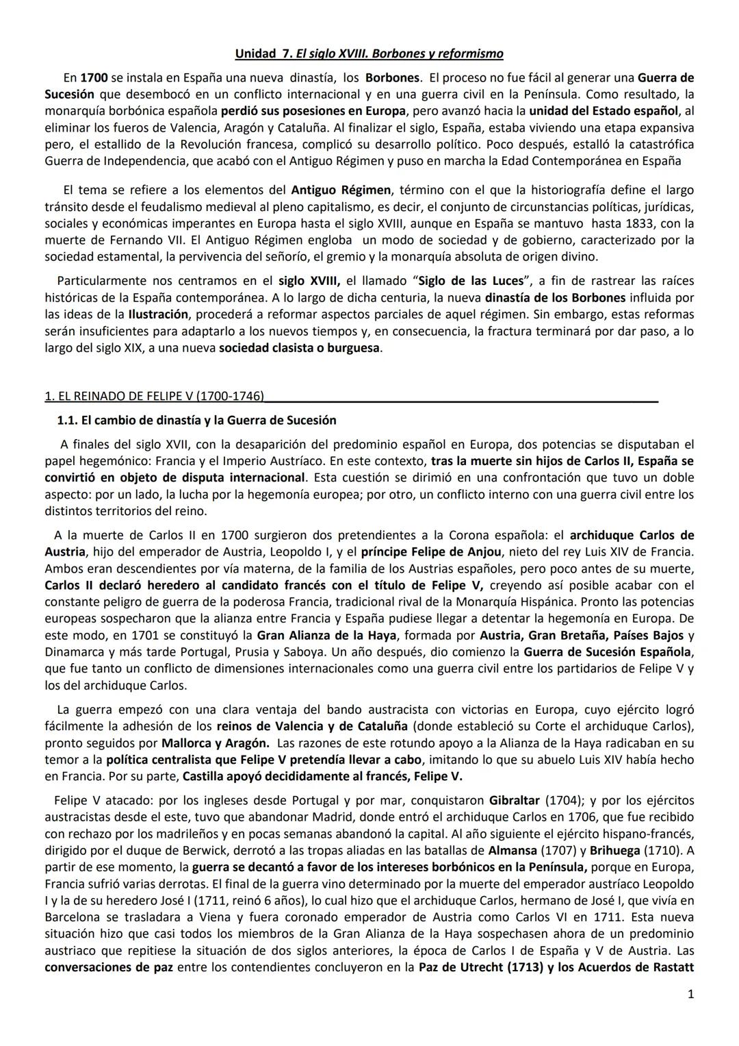 Unidad 7. El siglo XVIII. Borbones y reformismo
En 1700 se instala en España una nueva dinastía, los Borbones. El proceso no fue fácil al g