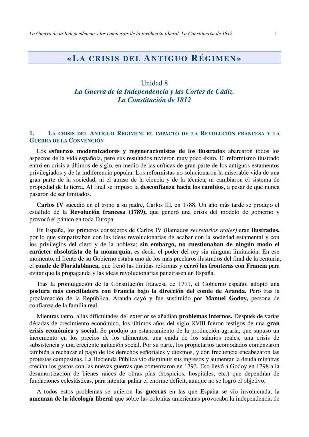 La Guerra de la Independencia y los comienzos de la revolución liberal. La Constitución de 1812
<<<<LA CRISIS DEL ANTIGUO RÉGIMEN>>>
Unida