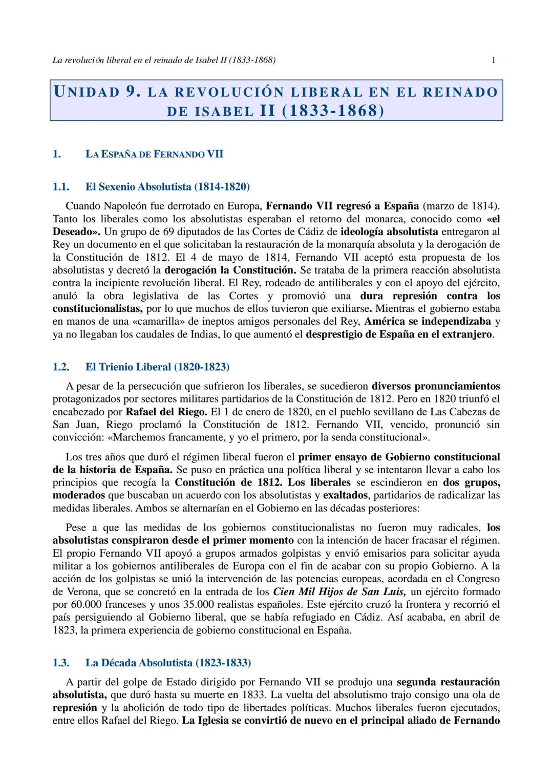 La revolución liberal en el reinado de Isabel II (1833-1868)
1
UNIDAD 9. LA REVOLUCIÓN LIBERAL EN EL REINADO
DE ISABEL II (1833-1868)
1. L