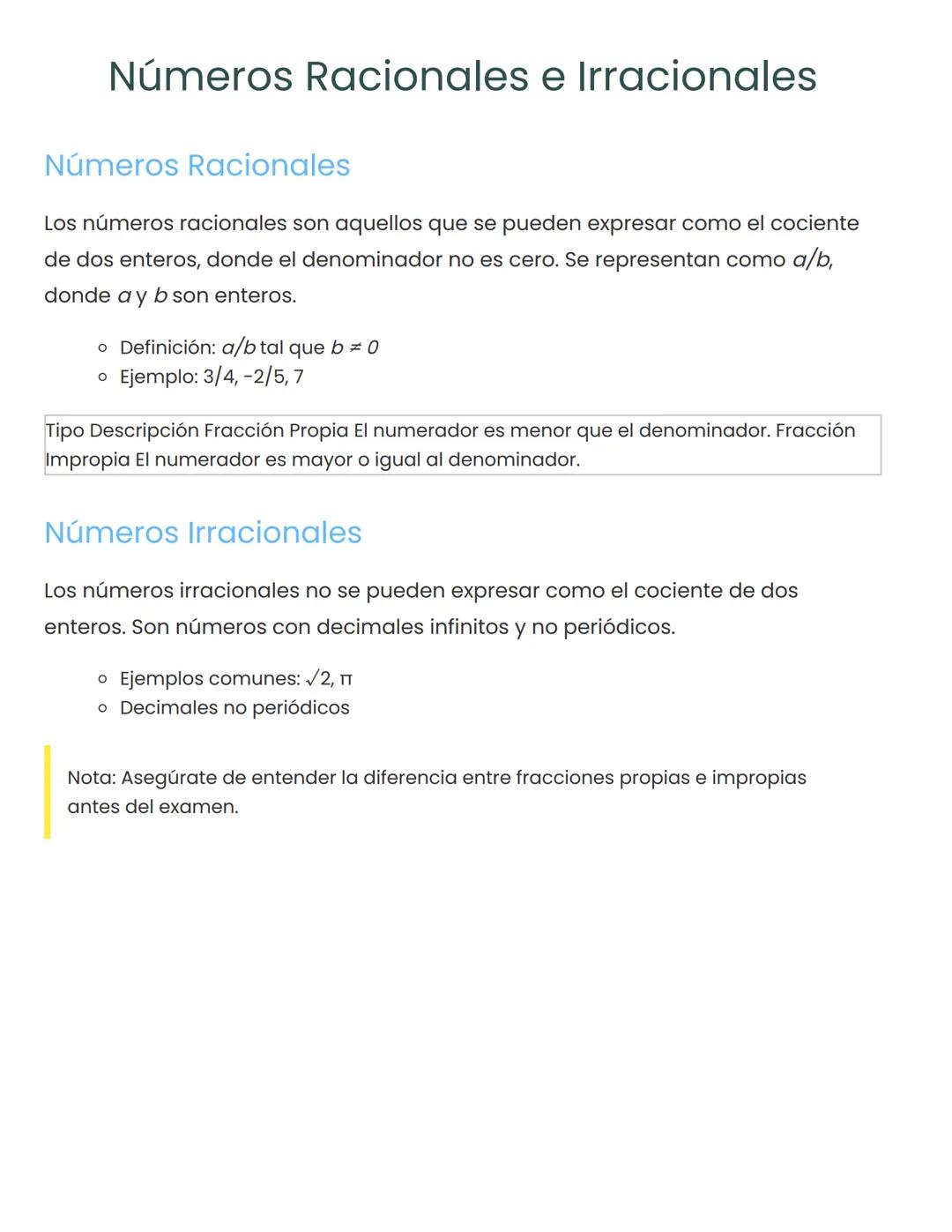 Números Racionales e Irracionales
Números Racionales
Los números racionales son aquellos que se pueden expresar como el cociente
de dos ente