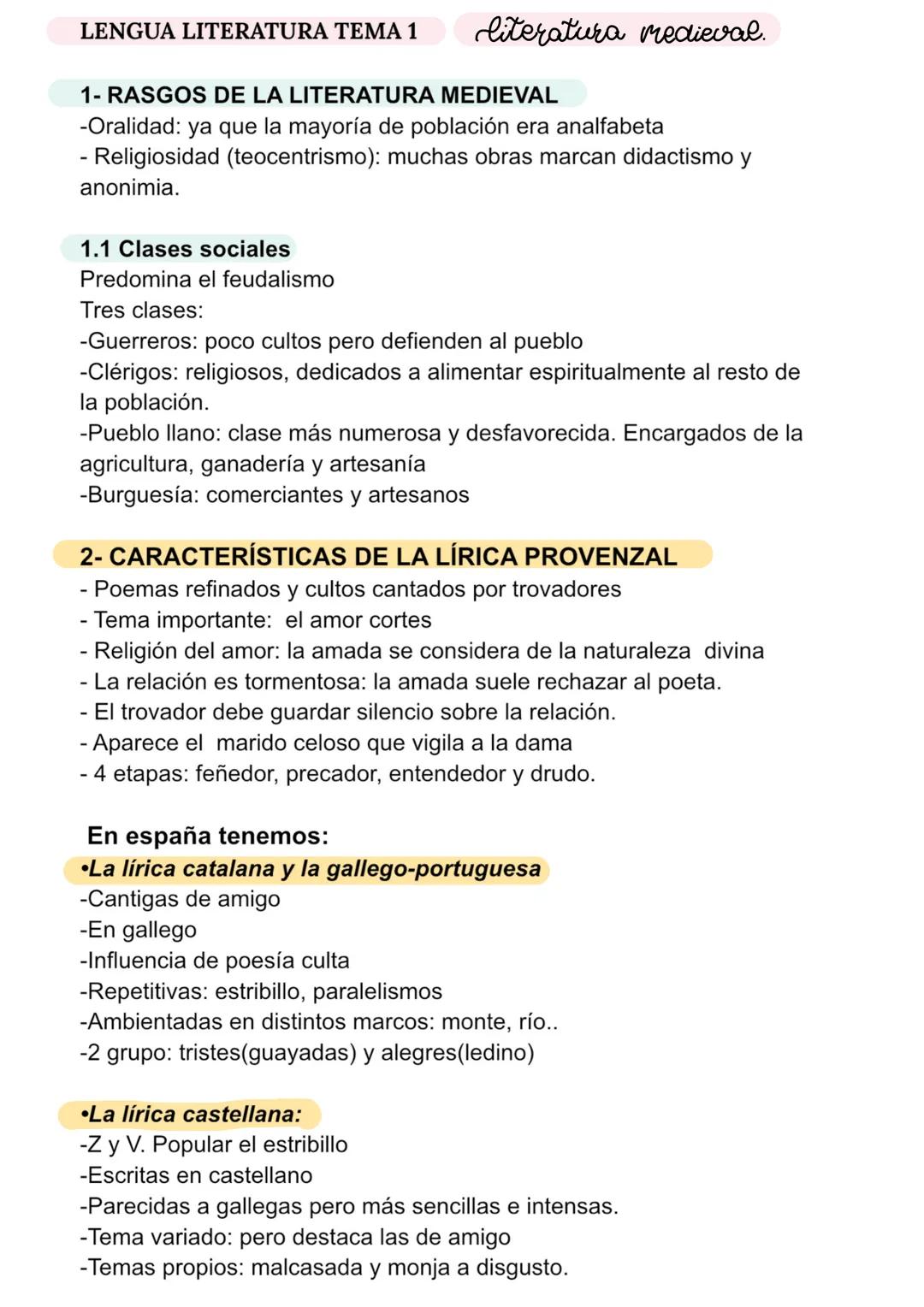 LENGUA LITERATURA TEMA 1
literatura medieval.
1- RASGOS DE LA LITERATURA MEDIEVAL
-Oralidad: ya que la mayoría de población era analfabeta