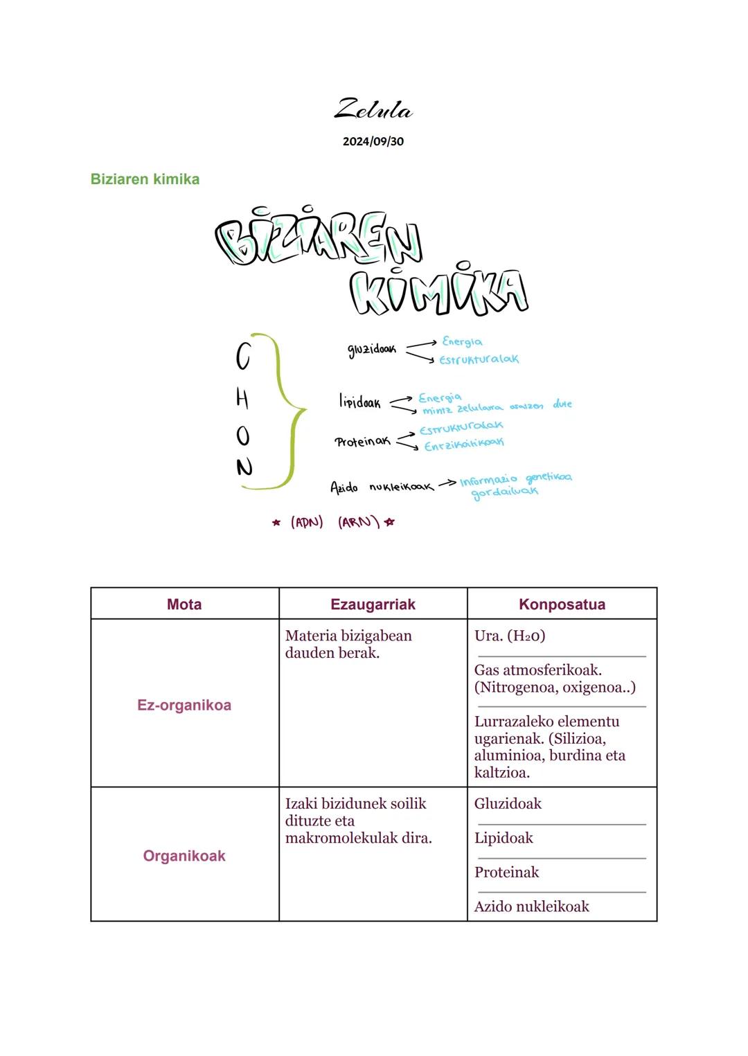 # Biziaren kimika
Zelula
2024/09/30
BIZAREN
KİMİKA
C
gluzidoak Energia
Estrukturalak
H
lipidoak Energia
mintz zelularra asszon dute
0
