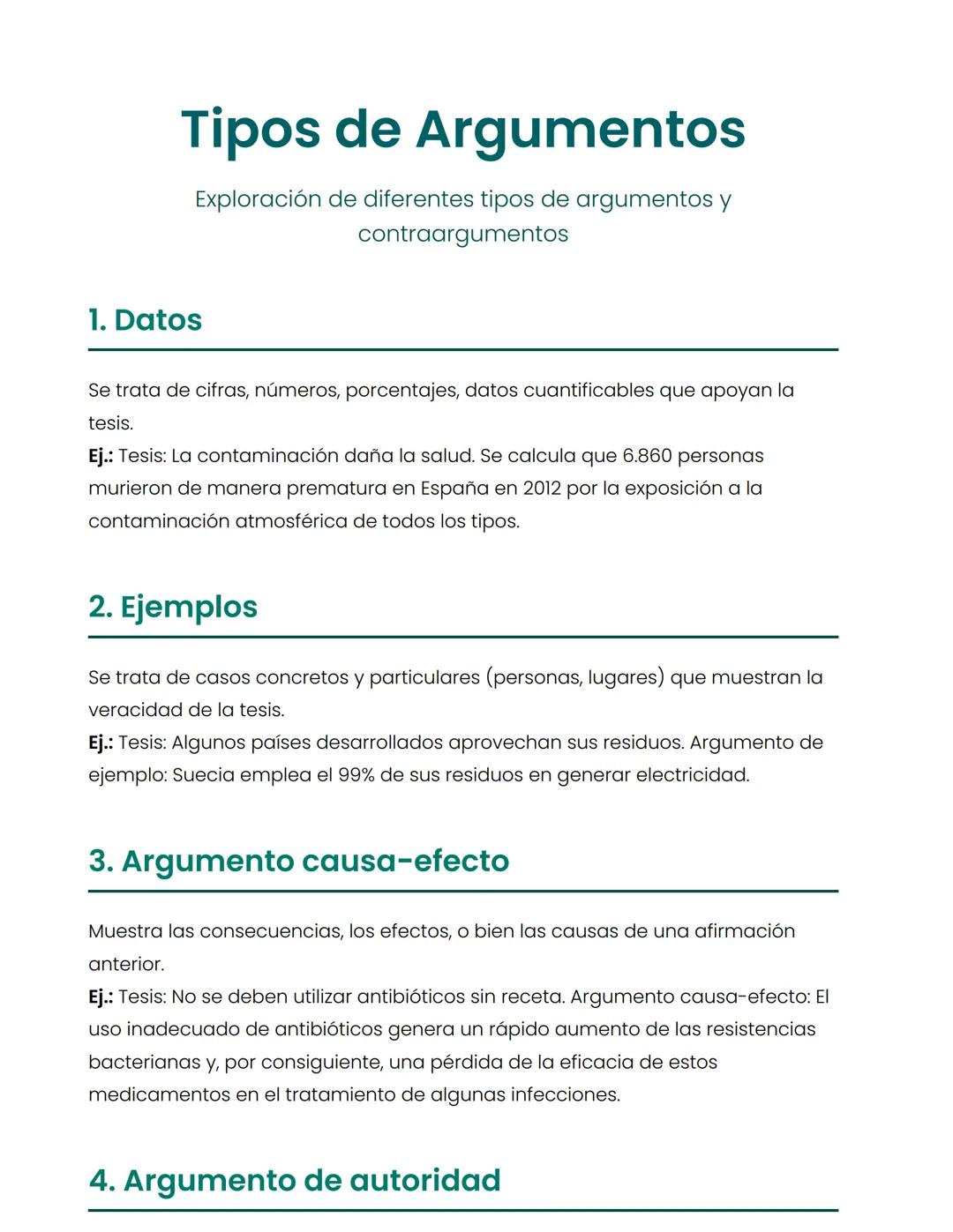 # Tipos de Argumentos
Exploración de diferentes tipos de argumentos y
contraargumentos
1. Datos
Se trata de cifras, números, porcentajes,