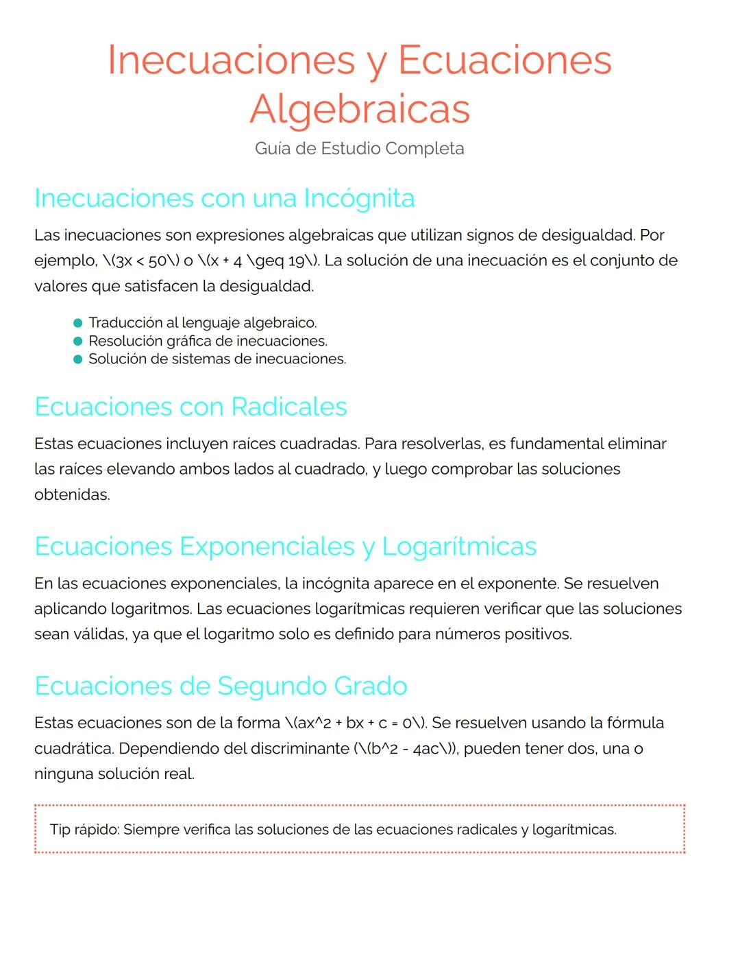Inecuaciones y Ecuaciones
Algebraicas
Guía de Estudio Completa
Inecuaciones con una Incógnita
Las inecuaciones son expresiones algebraicas q