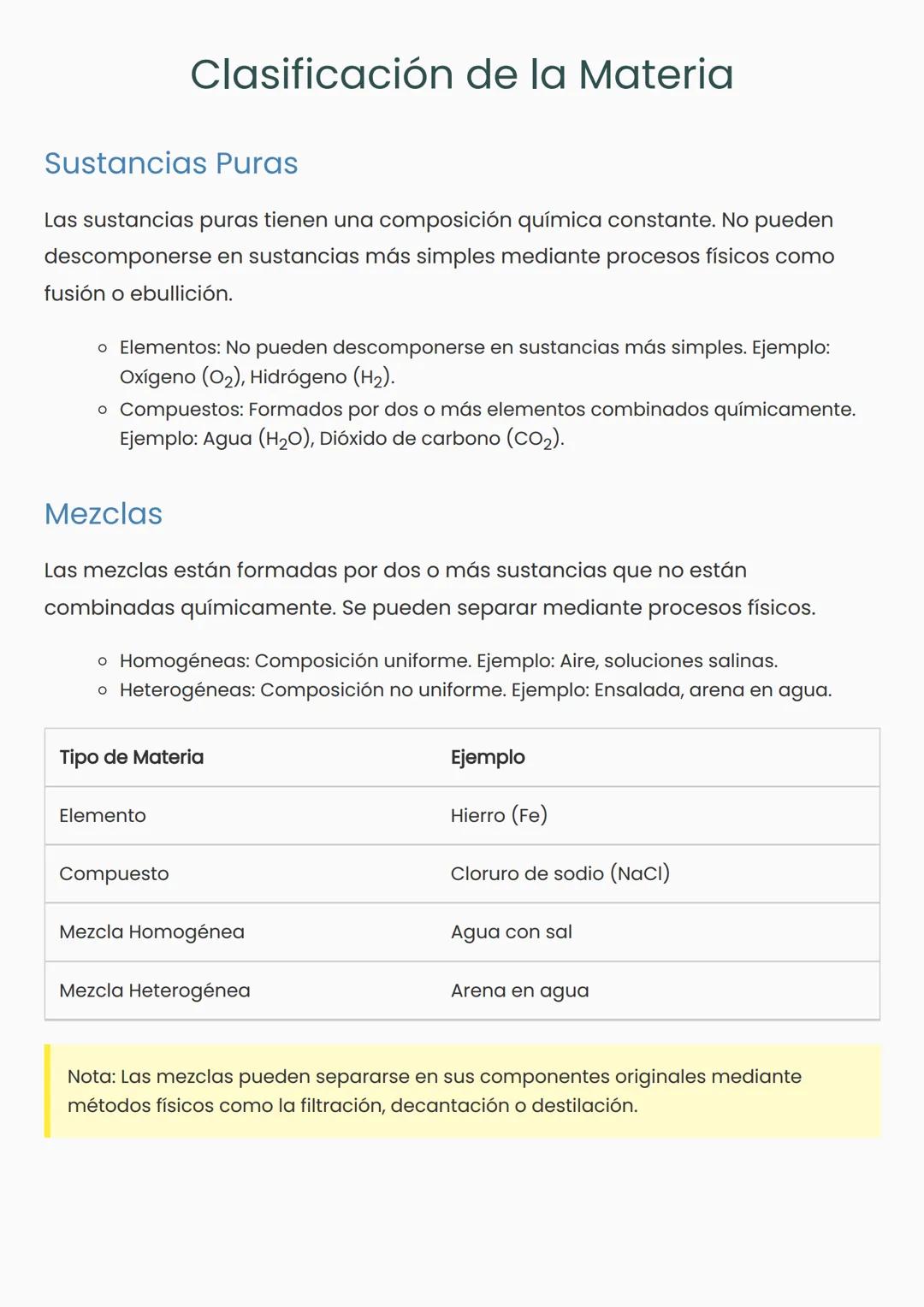 Clasificación de la Materia
Sustancias Puras
Las sustancias puras tienen una composición química constante. No pueden
descomponerse en susta