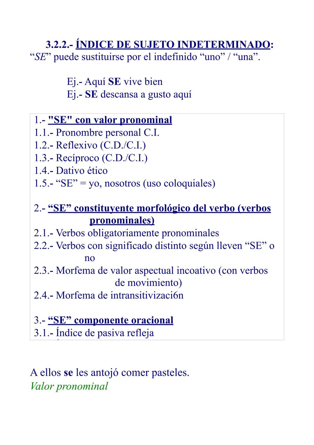 1.- "SE" con valor pronominal
1.1.- "SE" PRONOMBRE PERSONAL CI: Variante de
LE LES (C.I.) cuando hay otro pronombre personal C.D.:
Ej.: Juan