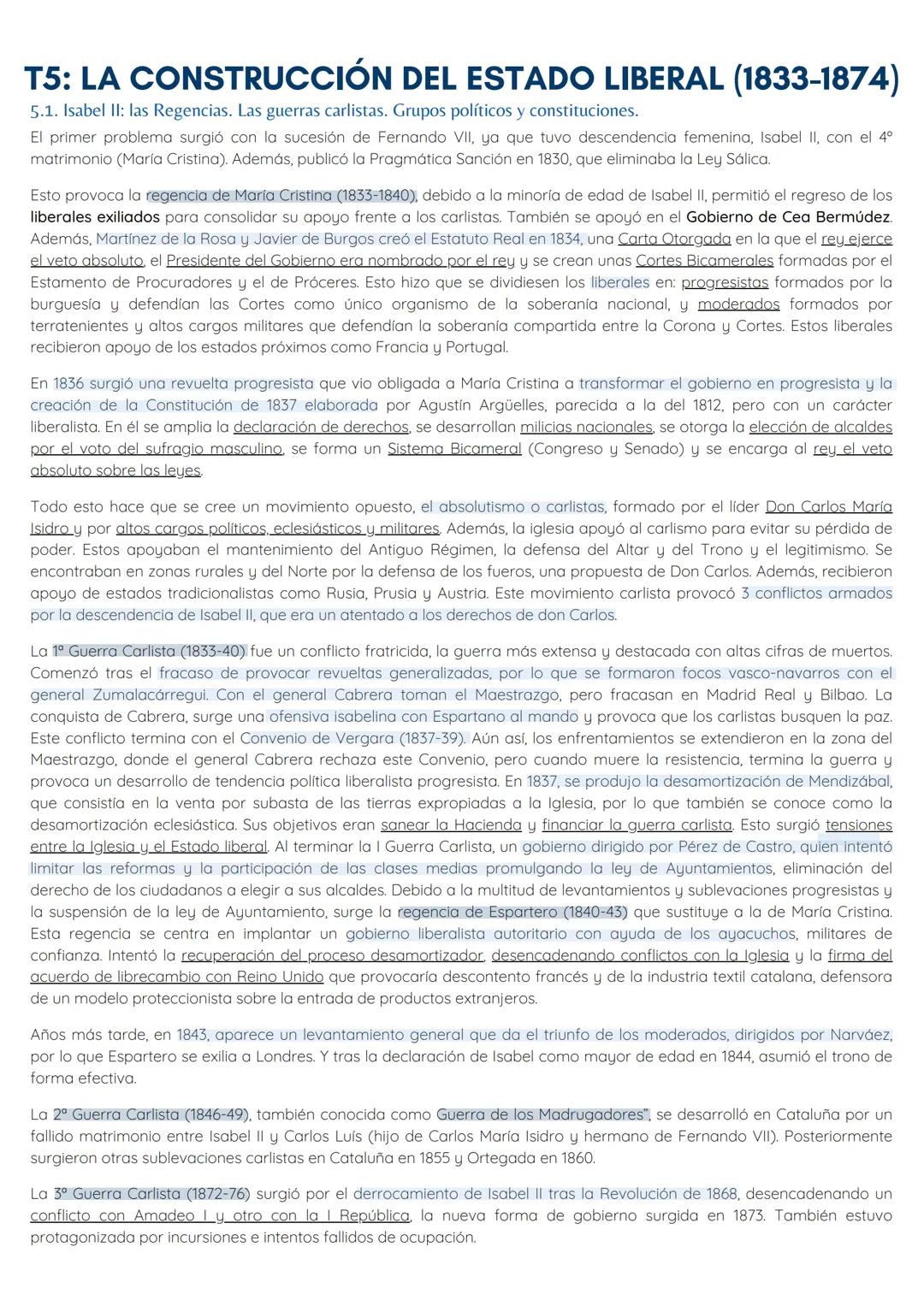 T5: LA CONSTRUCCIÓN DEL ESTADO LIBERAL (1833-1874)
5.1. Isabel II: las Regencias. Las guerras carlistas. Grupos políticos y constituciones.