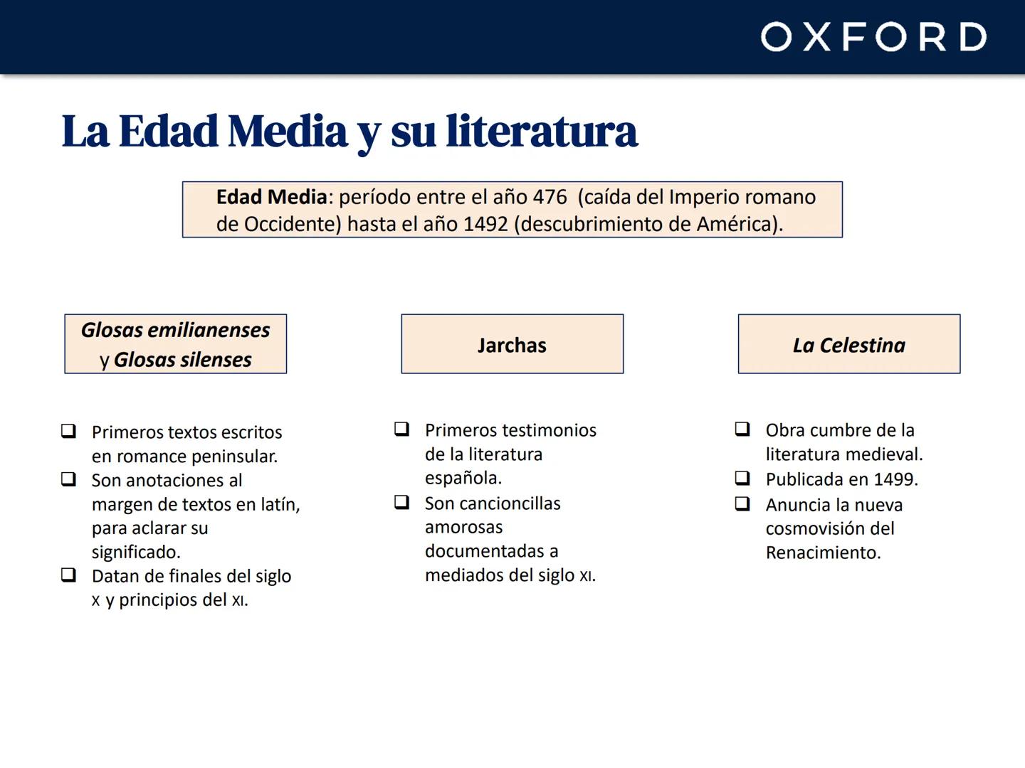 OXFORD
UNIDAD 12. La lírica y la poesía
narrativa en la Edad Media
Lengua castellana y Literatura
1º Bachillerato OXFORD
La Edad Media y su