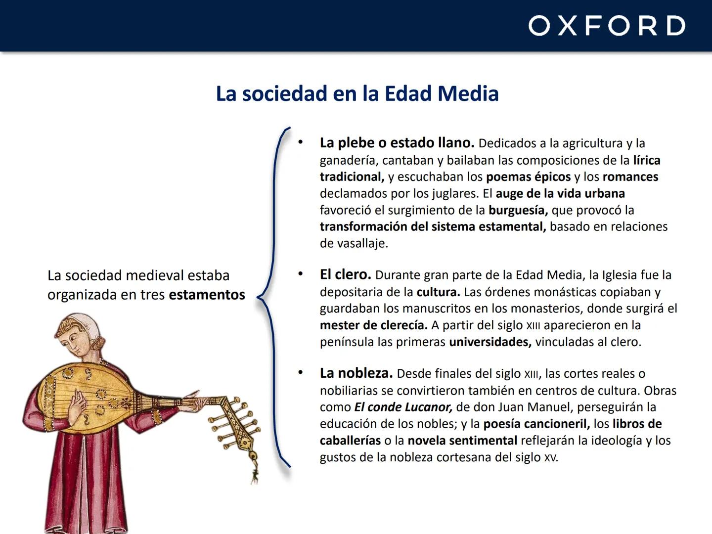 OXFORD
UNIDAD 12. La lírica y la poesía
narrativa en la Edad Media
Lengua castellana y Literatura
1º Bachillerato OXFORD
La Edad Media y su