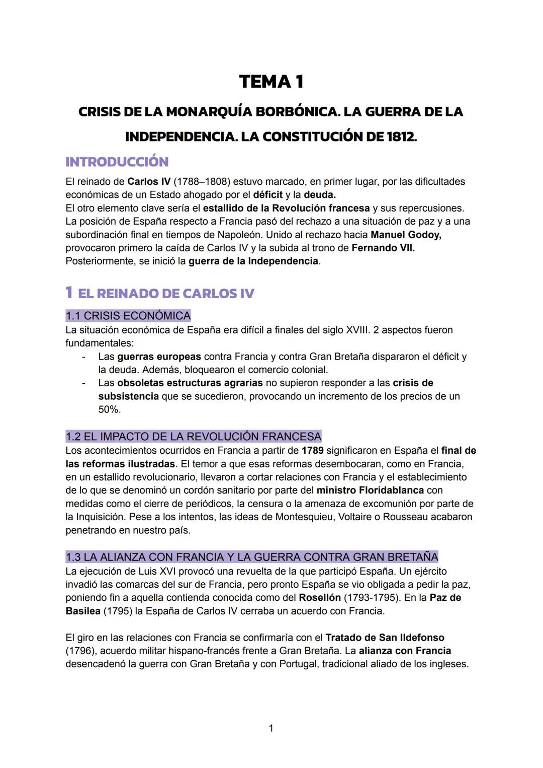 # TEMA 1
CRISIS DE LA MONARQUÍA BORBÓNICA. LA GUERRA DE LA
INDEPENDENCIA. LA CONSTITUCIÓN DE 1812.
INTRODUCCIÓN
El reinado de Carlos IV