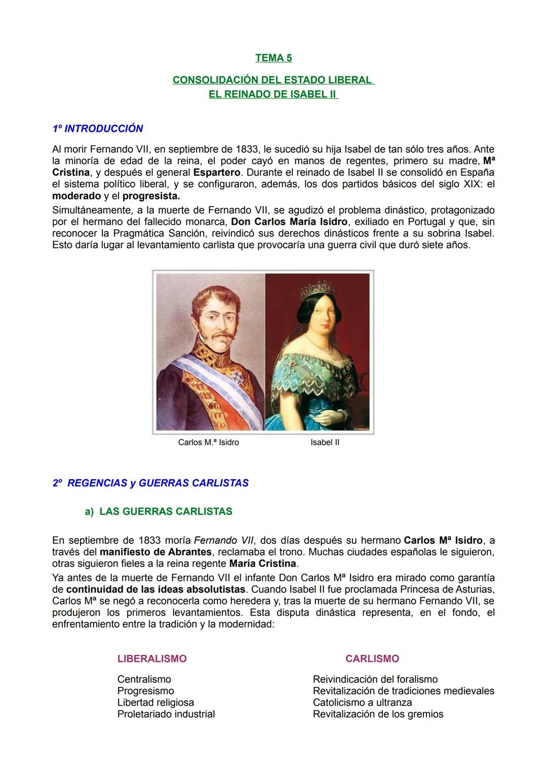 # TEMA 5
CONSOLIDACIÓN DEL ESTADO LIBERAL
EL REINADO DE ISABEL II
1° INTRODUCCIÓN
Al morir Fernando VII, en septiembre de 1833, le sucedi