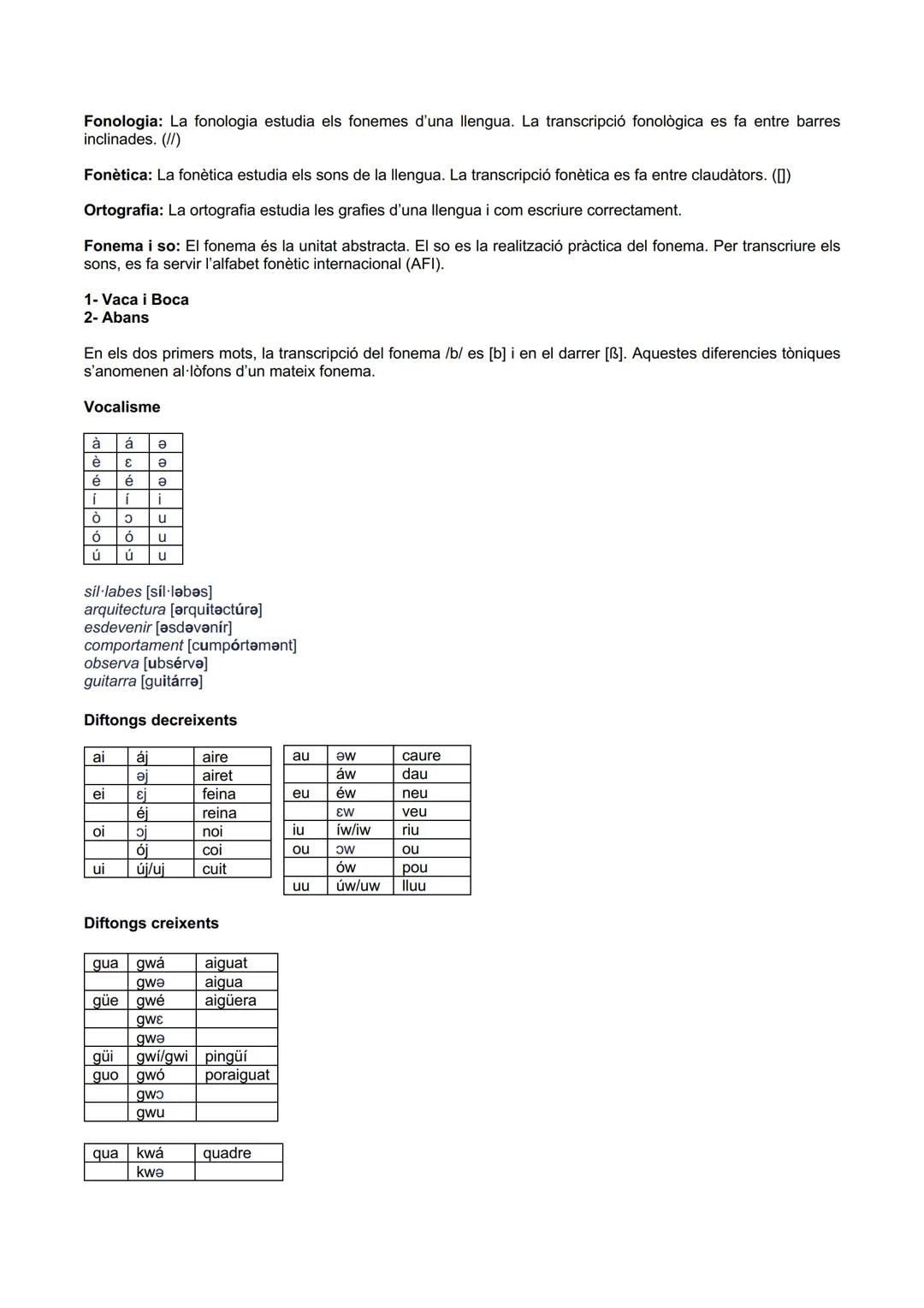 Fonologia: La fonologia estudia els fonemes d'una llengua. La transcripció fonològica es fa entre barres
inclinades. (//)
Fonètica: La fonè
