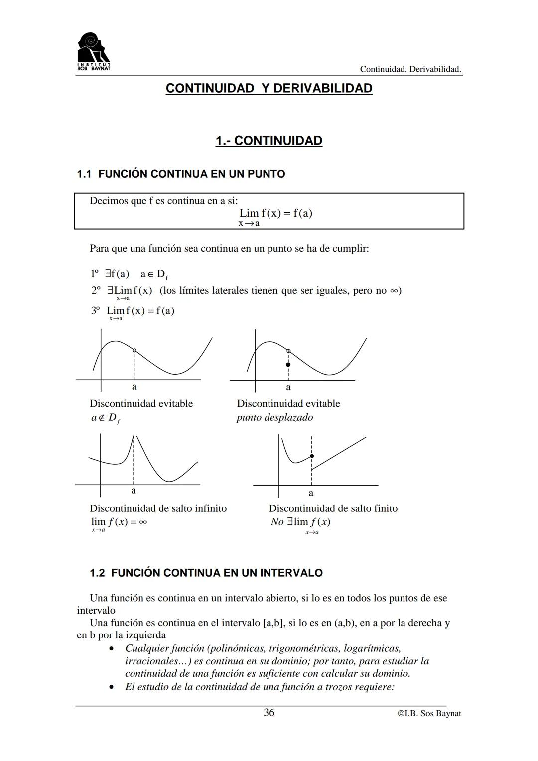 # SOS BAYNAT
Continuidad. Derivabilidad.
# CONTINUIDAD Y DERIVABILIDAD
## 1.- CONTINUIDAD
### 1.1 FUNCIÓN CONTINUA EN UN PUNTO
Decimos q