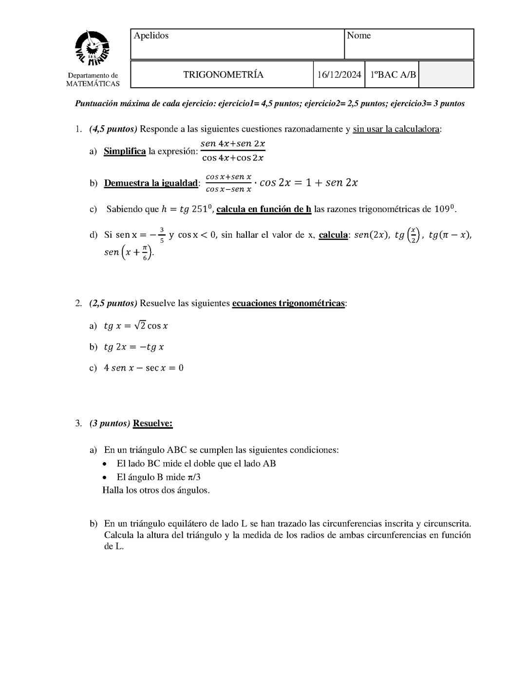 Examen de trigonometría IES Val Miñor 24/25