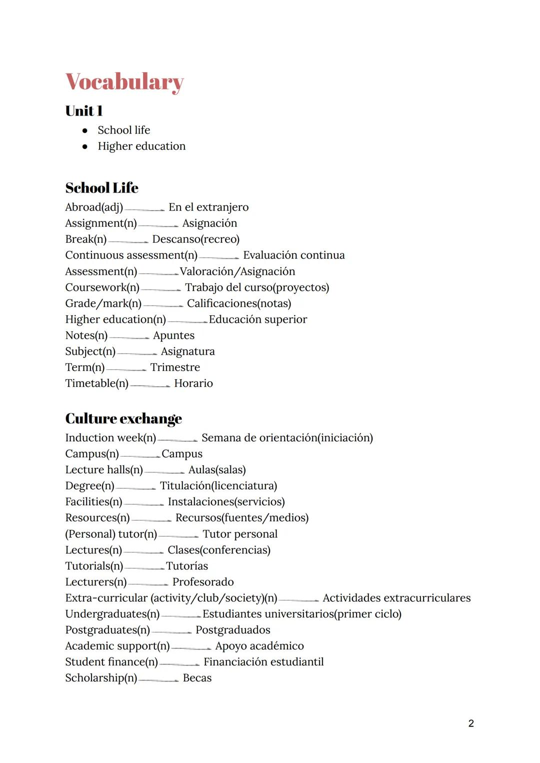 ENGLISH
B2
- Parte 1 -
1 Vocabulary
Unit 1
• School life
. Higher education
School Life
Abroad(adj)
En el extranjero
Assignment(n)
Asignació