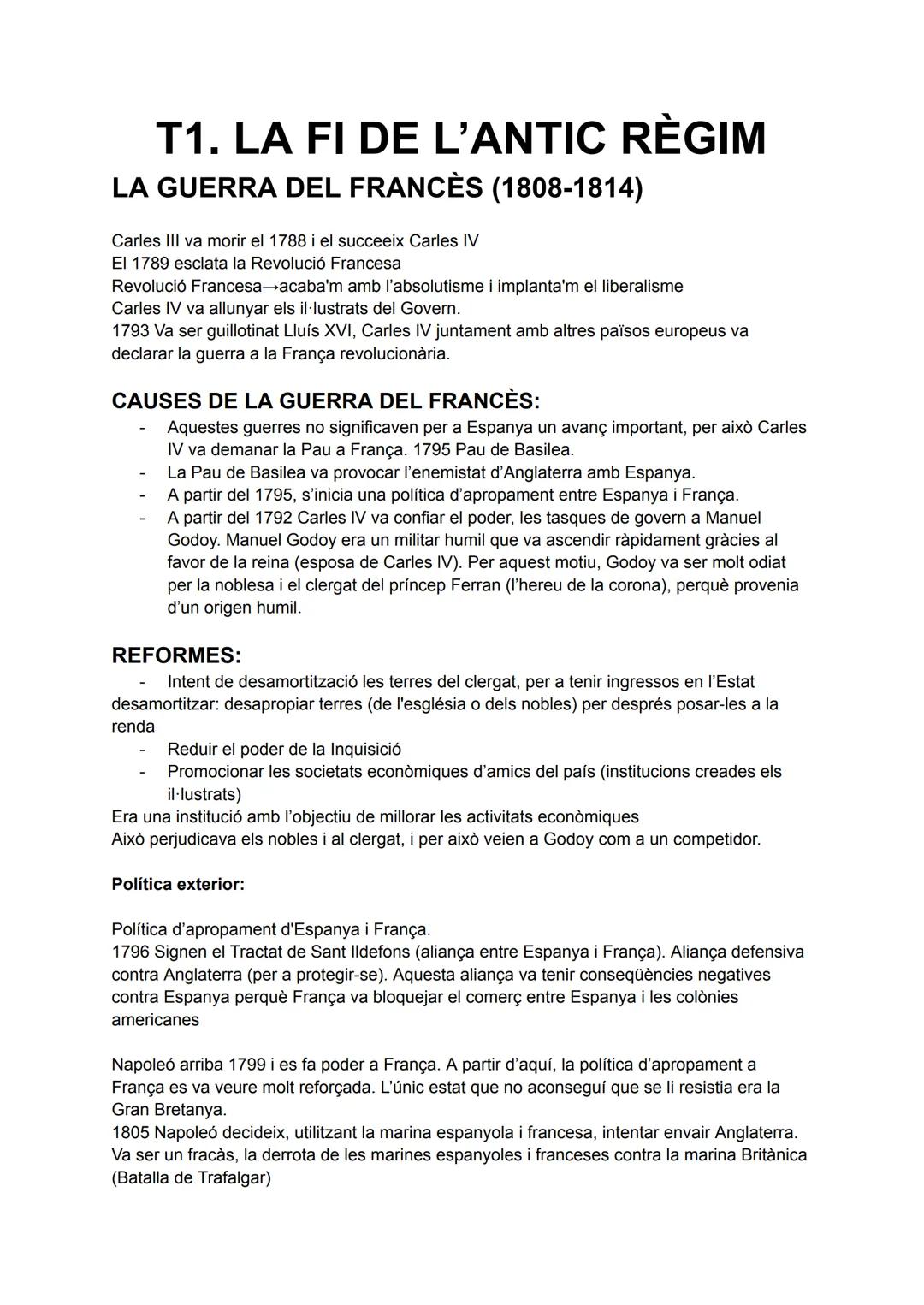 # T1. LA FI DE L'ANTIC RÈGIM
LA GUERRA DEL FRANCÈS (1808-1814)
Carles III va morir el 1788 i el succeeix Carles IV
El 1789 esclata la Revo
