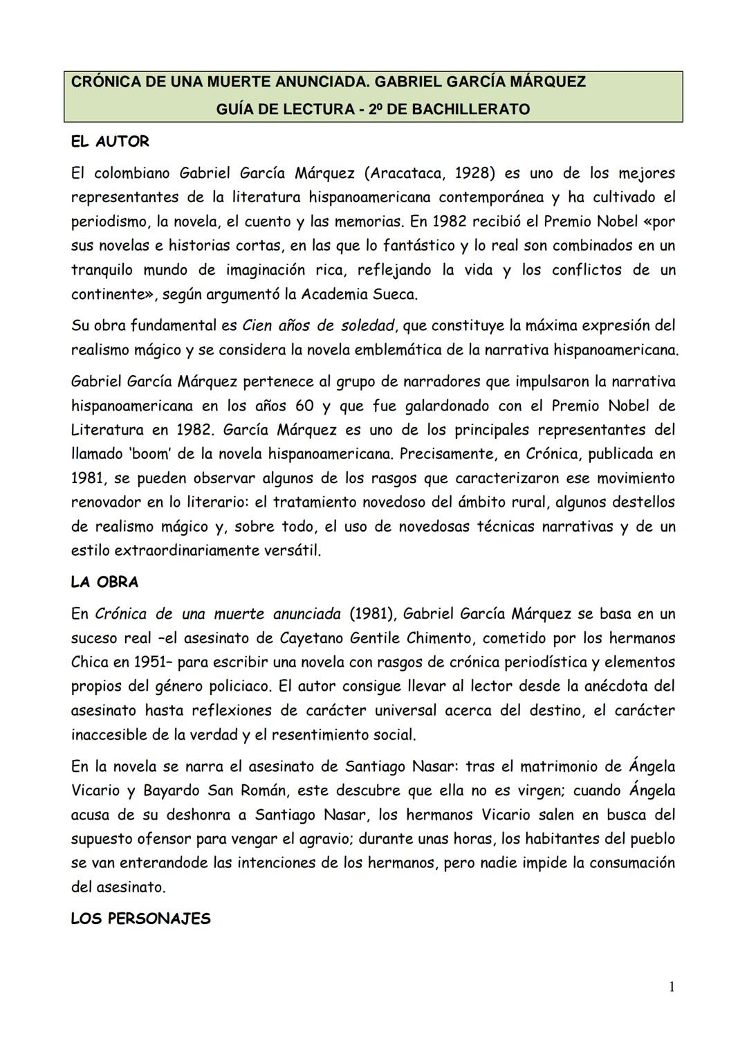# CRÓNICA DE UNA MUERTE ANUNCIADA. GABRIEL GARCÍA MÁRQUEZ
GUÍA DE LECTURA - 2º DE BACHILLERATO
EL AUTOR
El colombiano Gabriel García Márqu