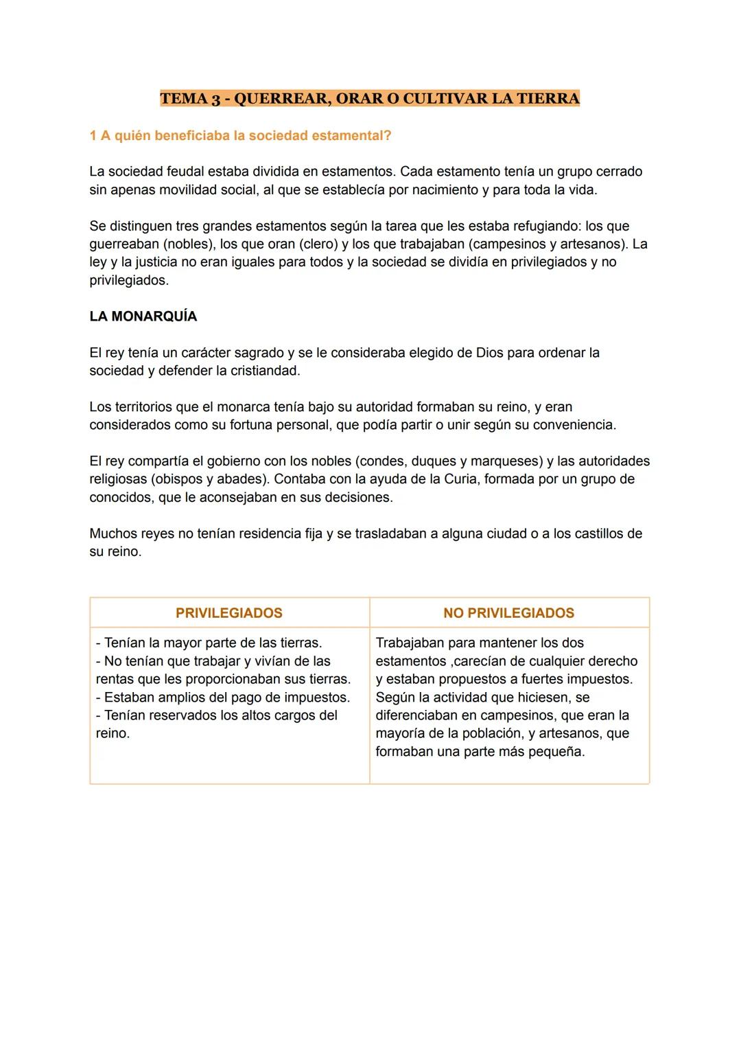 🧡 Pestaña 1
TEMA 3-QUERREAR, ORAR O CULTIVAR LA TIERRA
1 A quién beneficiaba la sociedad estamental?
La sociedad feudal estaba dividida